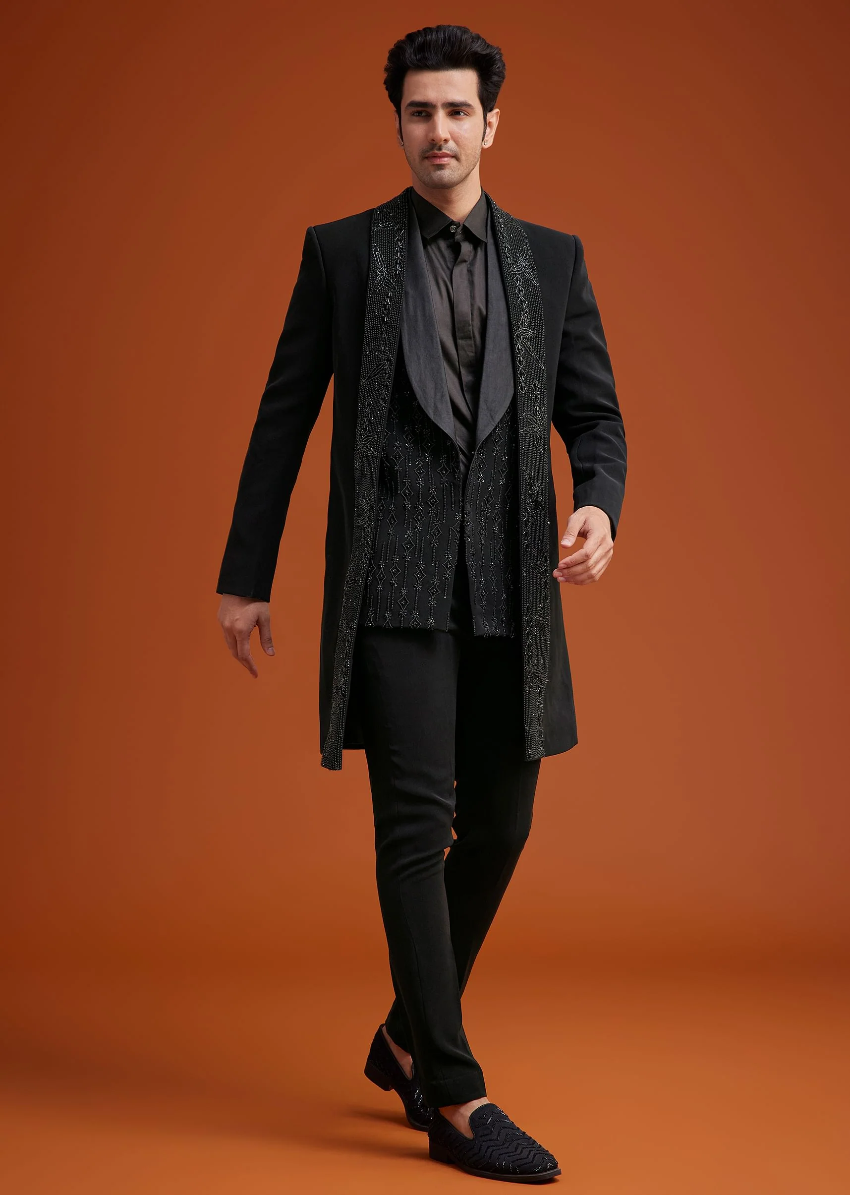 Black Long Open Jacket Set With Tonal Beaded Embroidery - Image 4