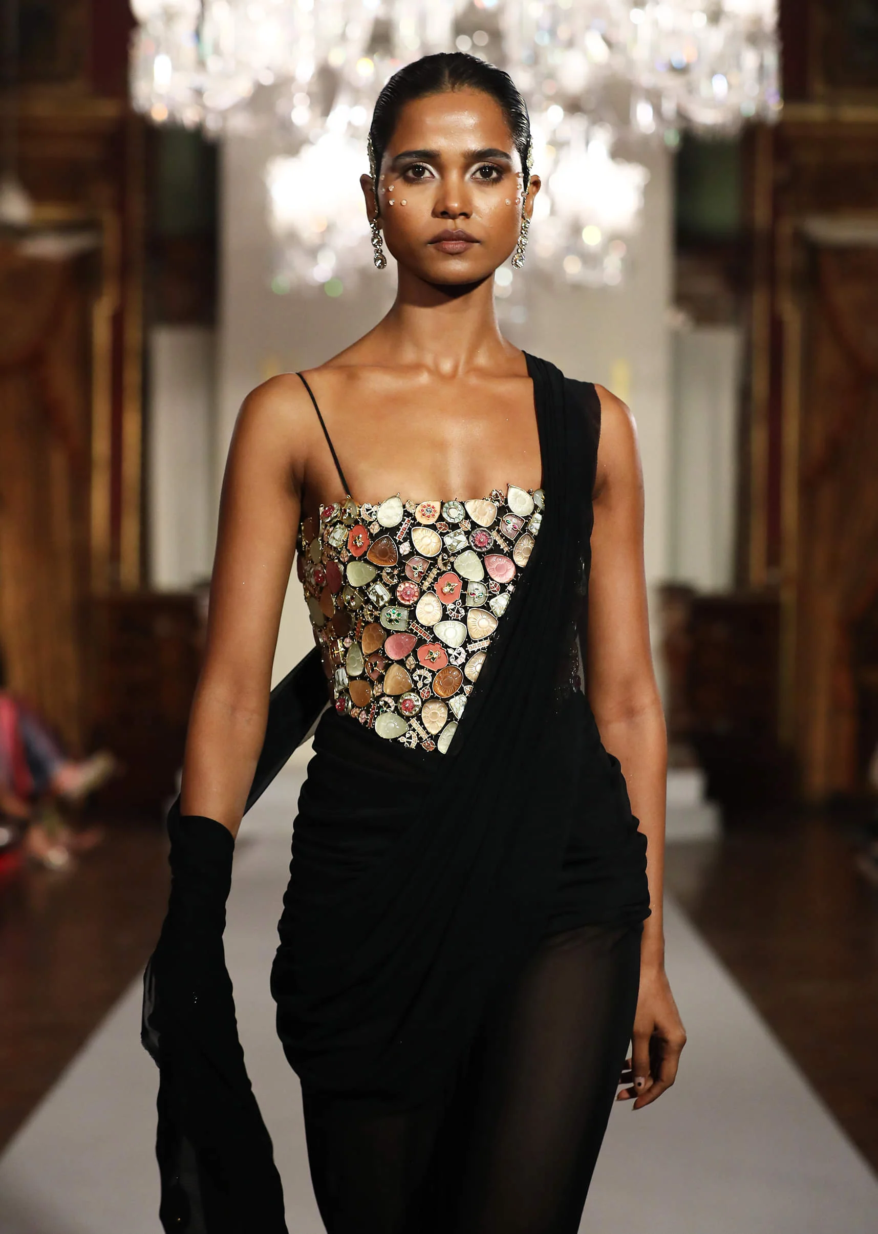 Black Lycra Corset And Detachable Drape Saree With Kundan Embroidery - Image 2