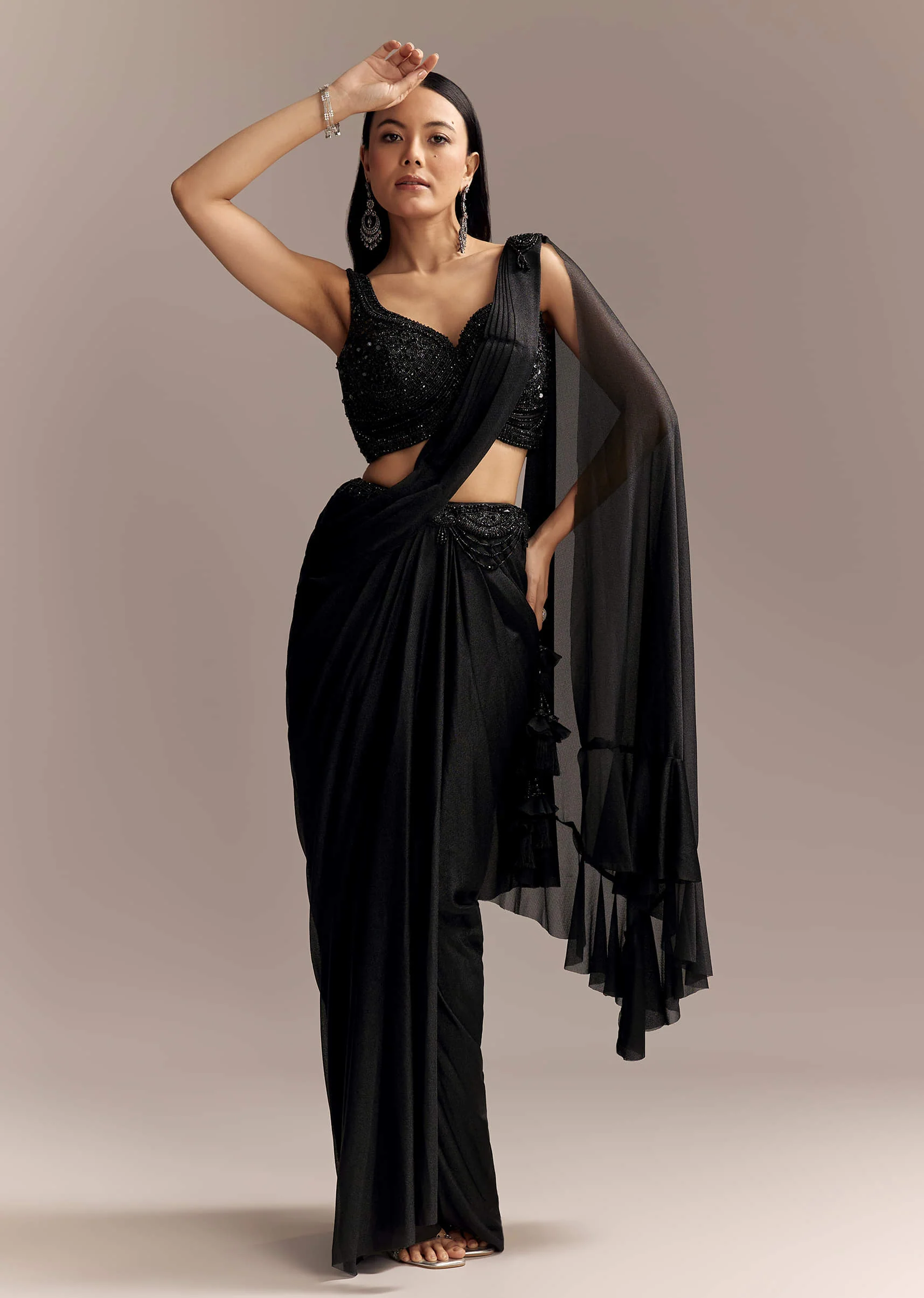 Black Lycra Ready Pleated Saree With Embroidery And Matching Blouse - Image 3