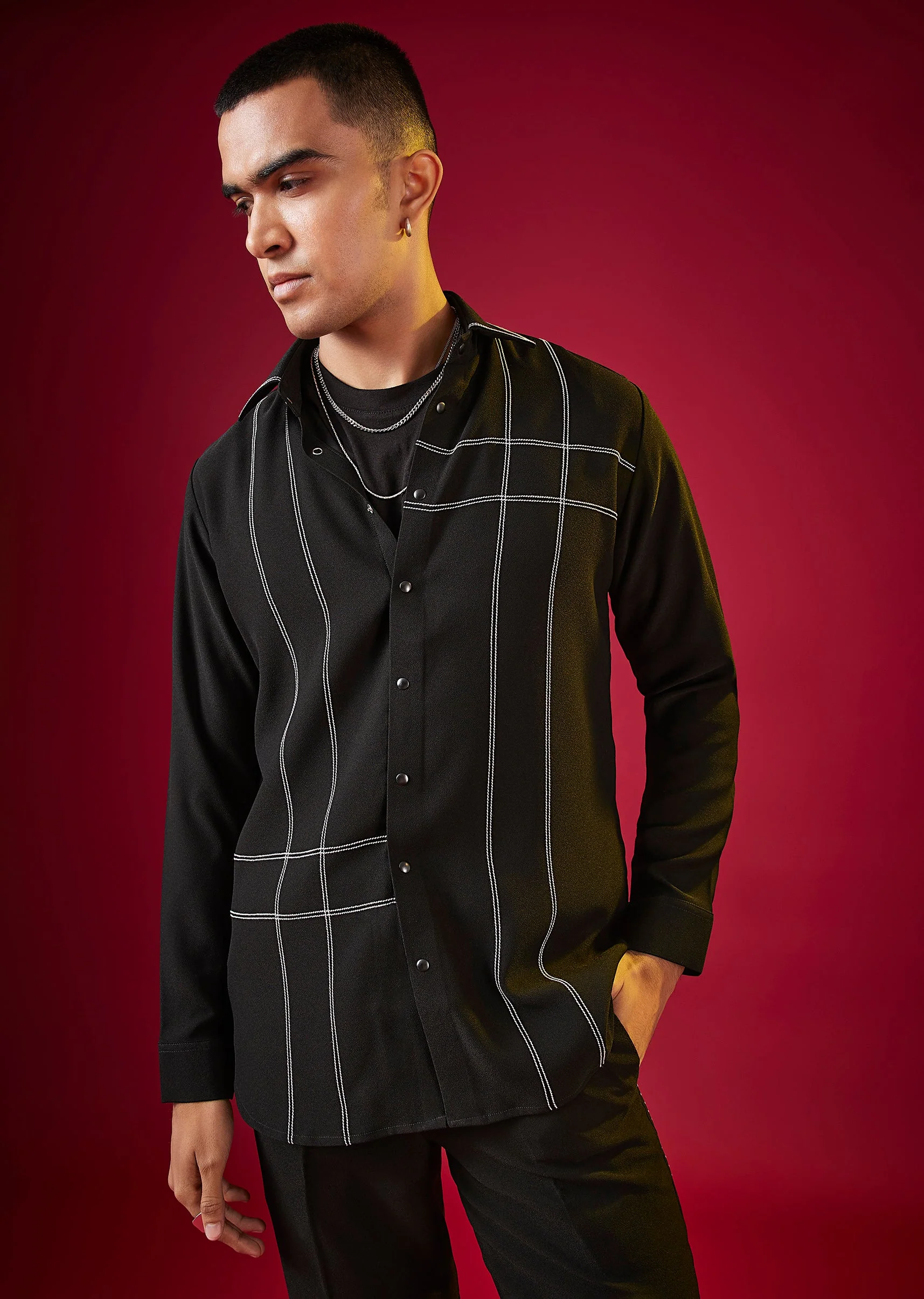 Black Mandarin Collar Striped Mens Shirt In Viscose - Image 3