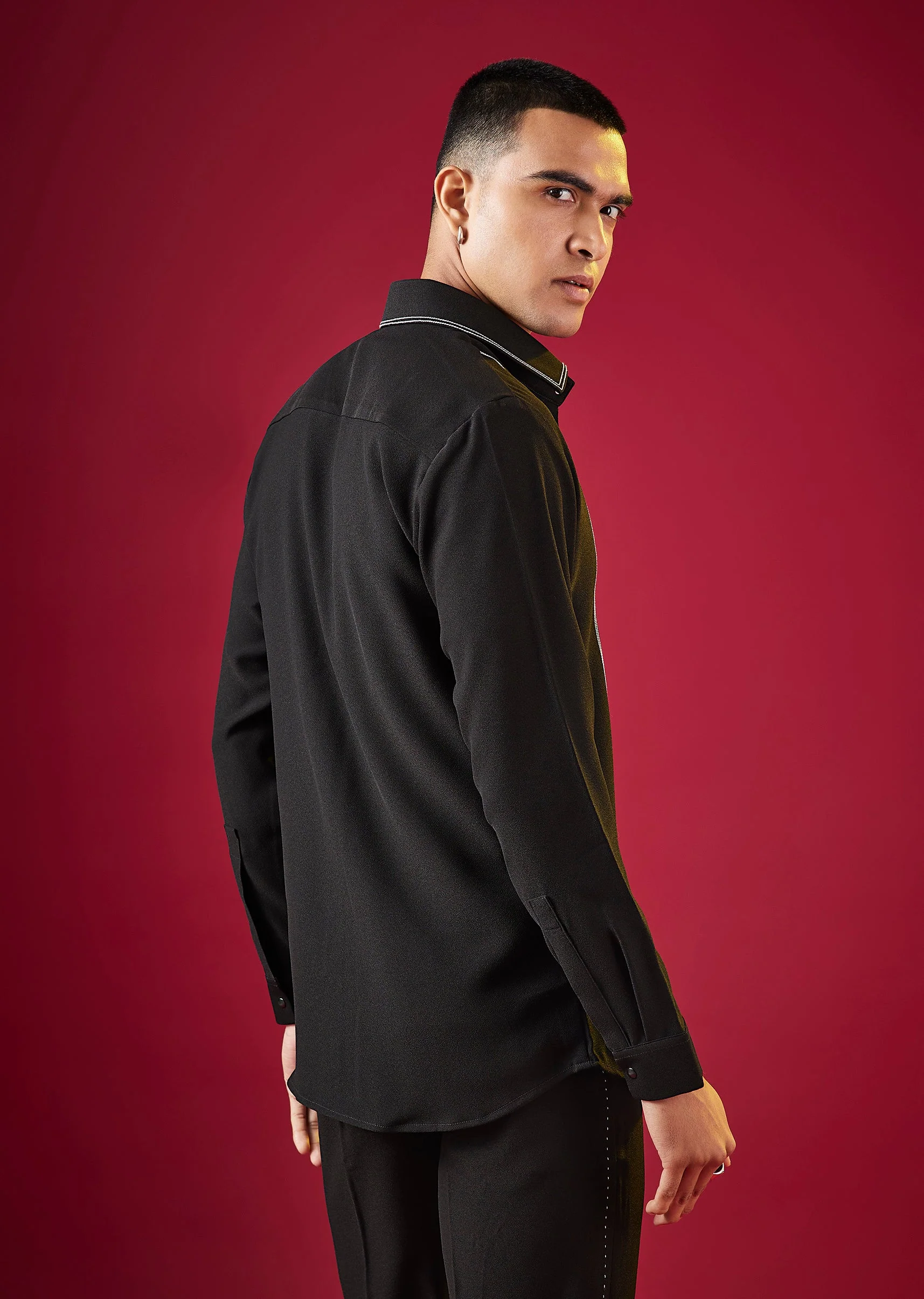 Black Mandarin Collar Striped Mens Shirt In Viscose - Image 4