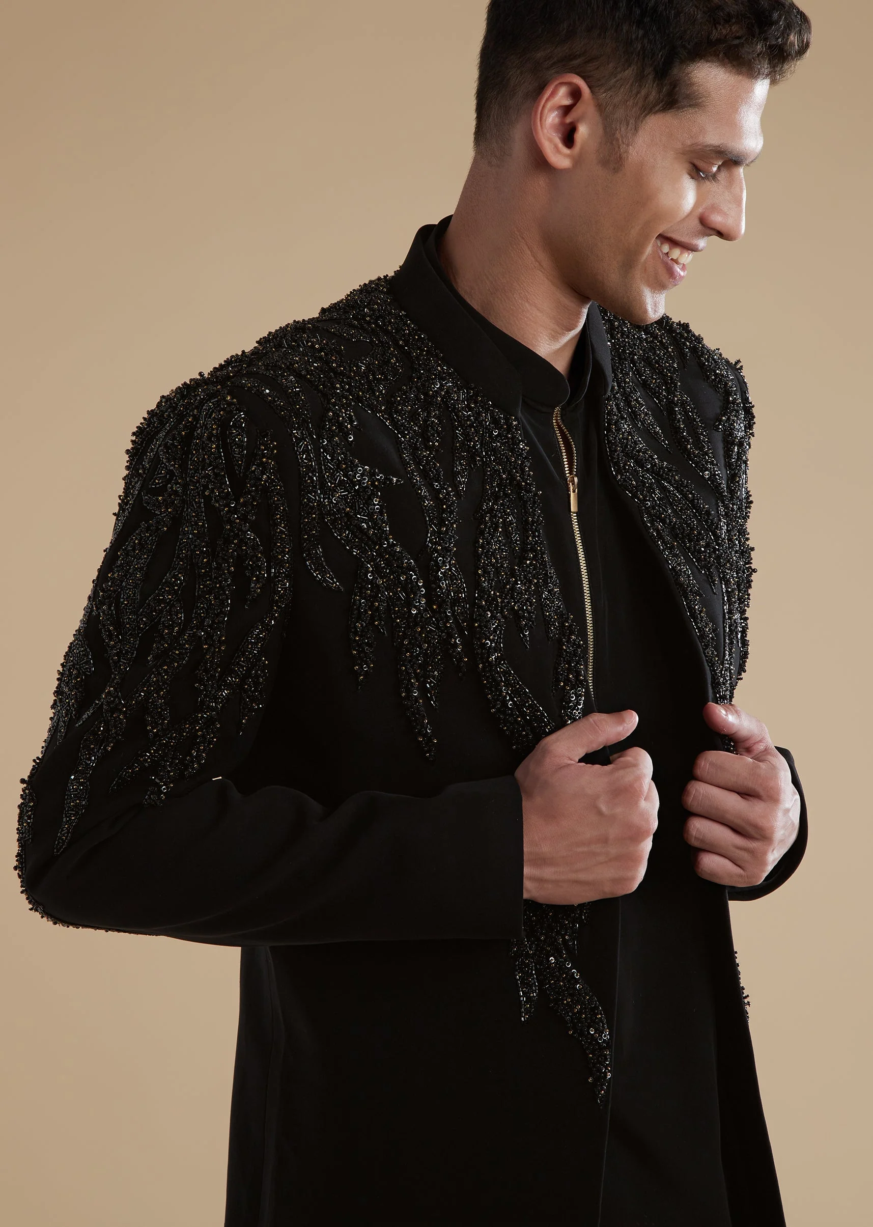 Black Mens Indowestern with Cut Dana Beads Sequins Detail Work - Image 2