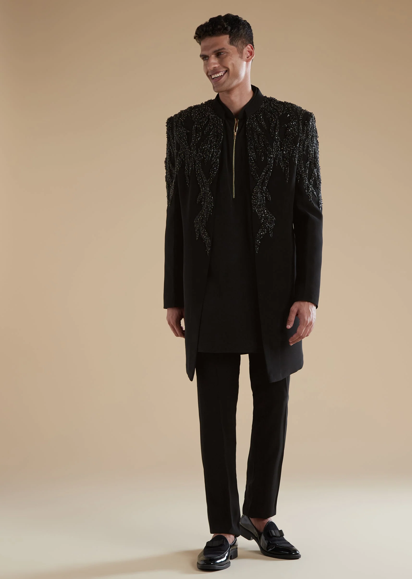 Black Mens Indowestern with Cut Dana Beads Sequins Detail Work - Image 3
