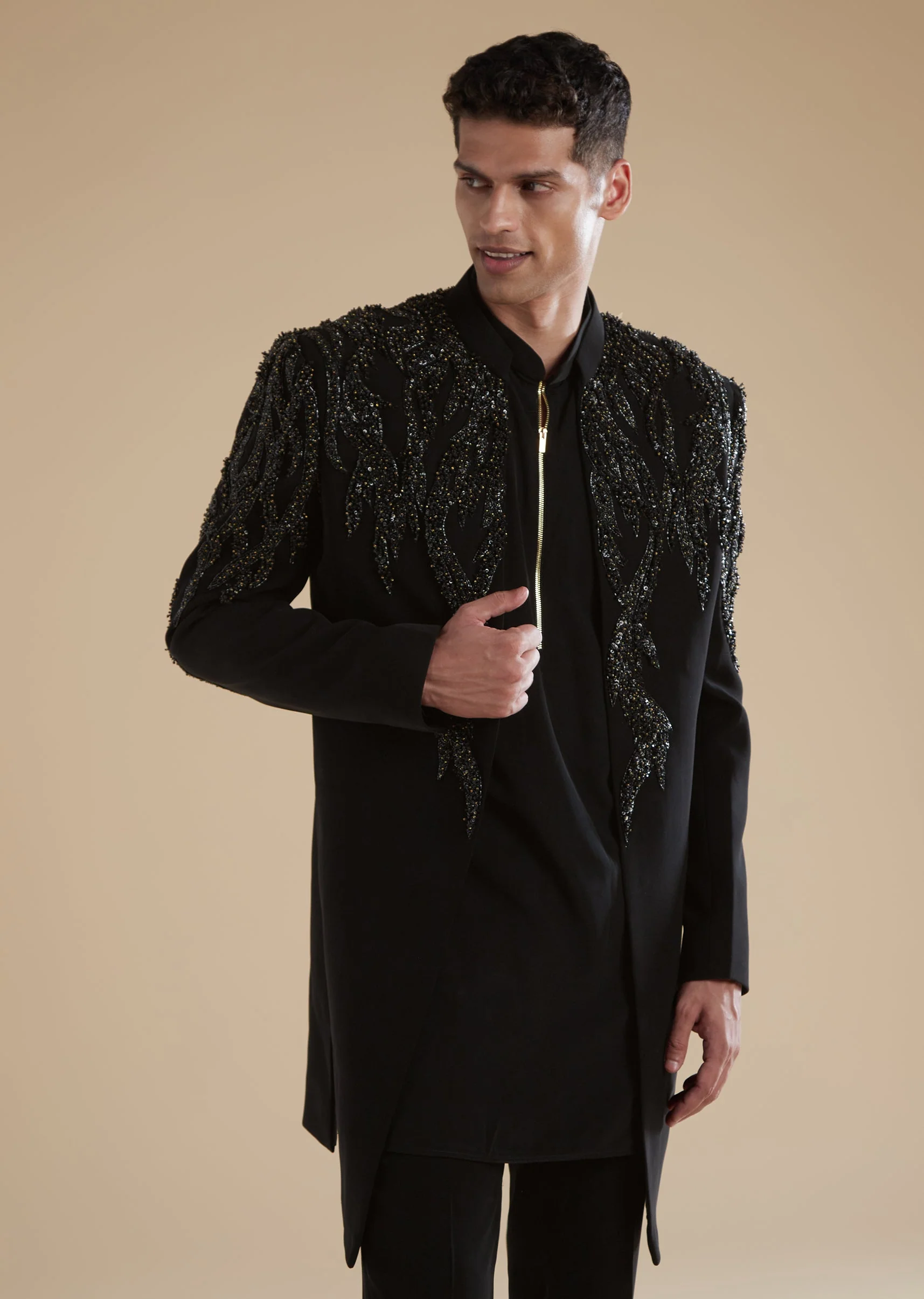Black Mens Indowestern with Cut Dana Beads Sequins Detail Work - Image 4