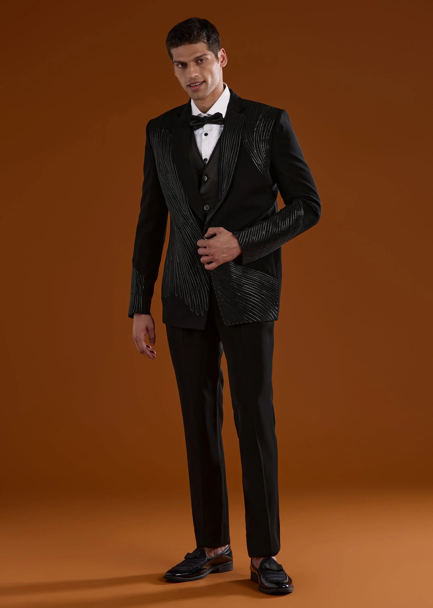 Black Mens Tuxedo With Dori Work And Leather Accents - Image 2