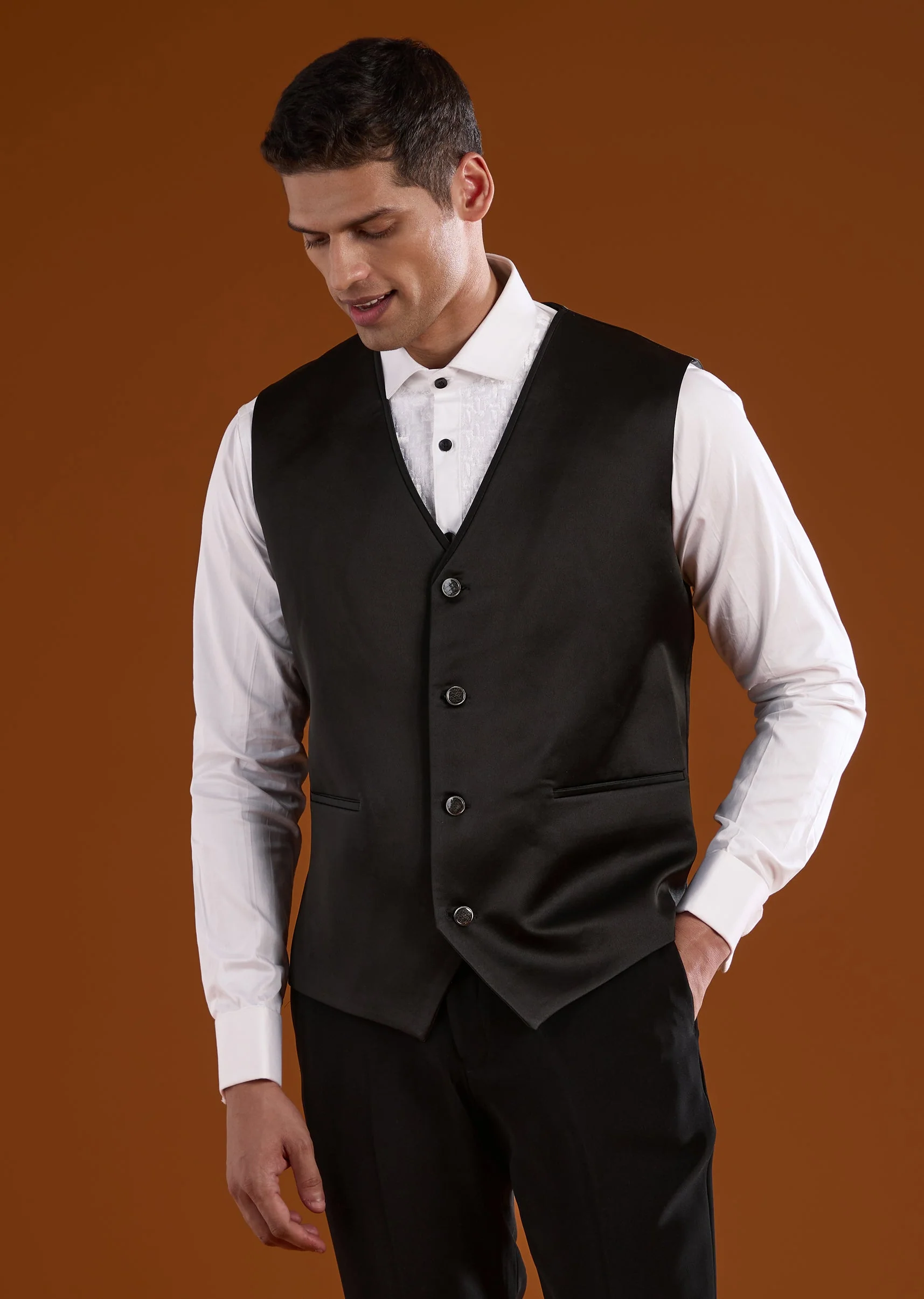 Black Mens Tuxedo With Dori Work And Leather Accents - Image 6