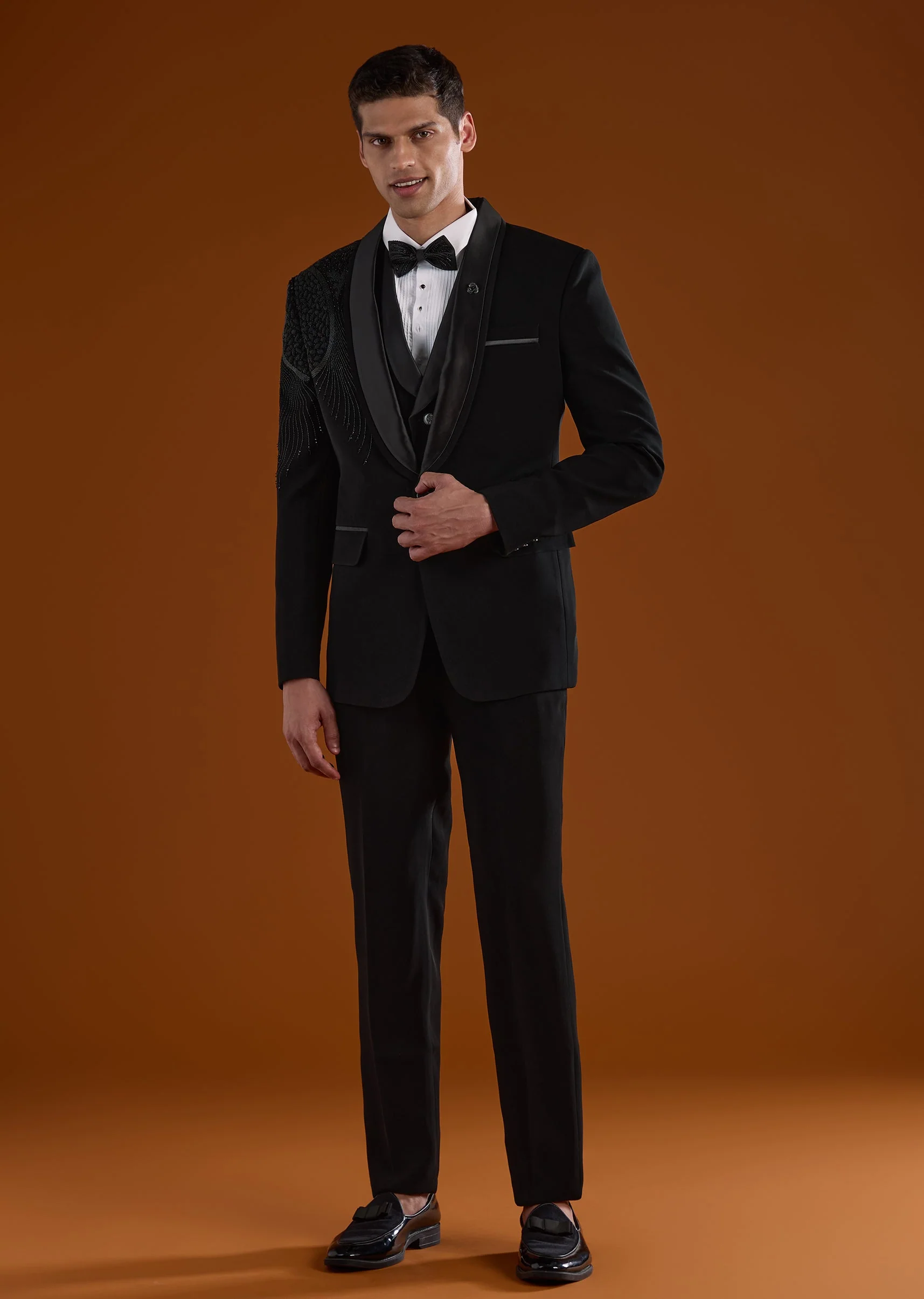 Black Mens Tuxedo With Thread Beads And Cut Dana Work - Image 2