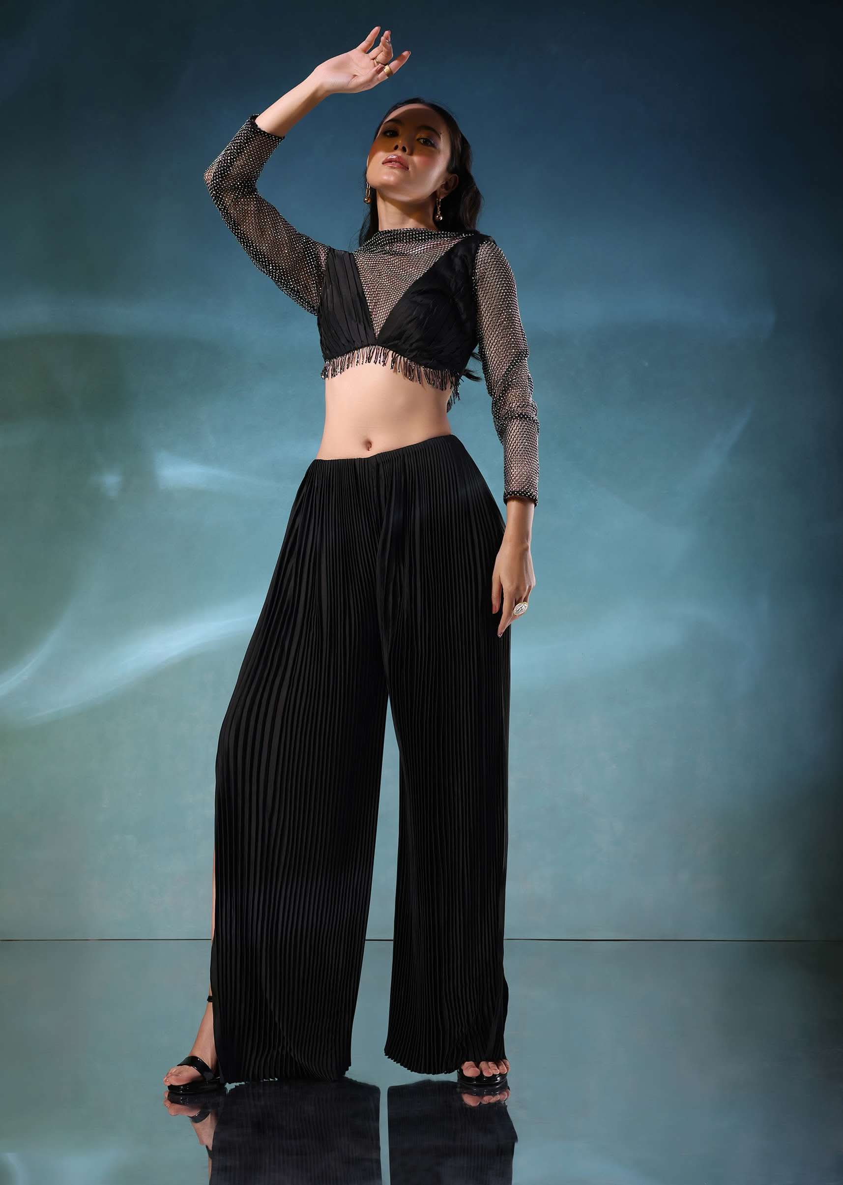 Black Mesh Blouse And Palazzo Set In Satin - Image 3