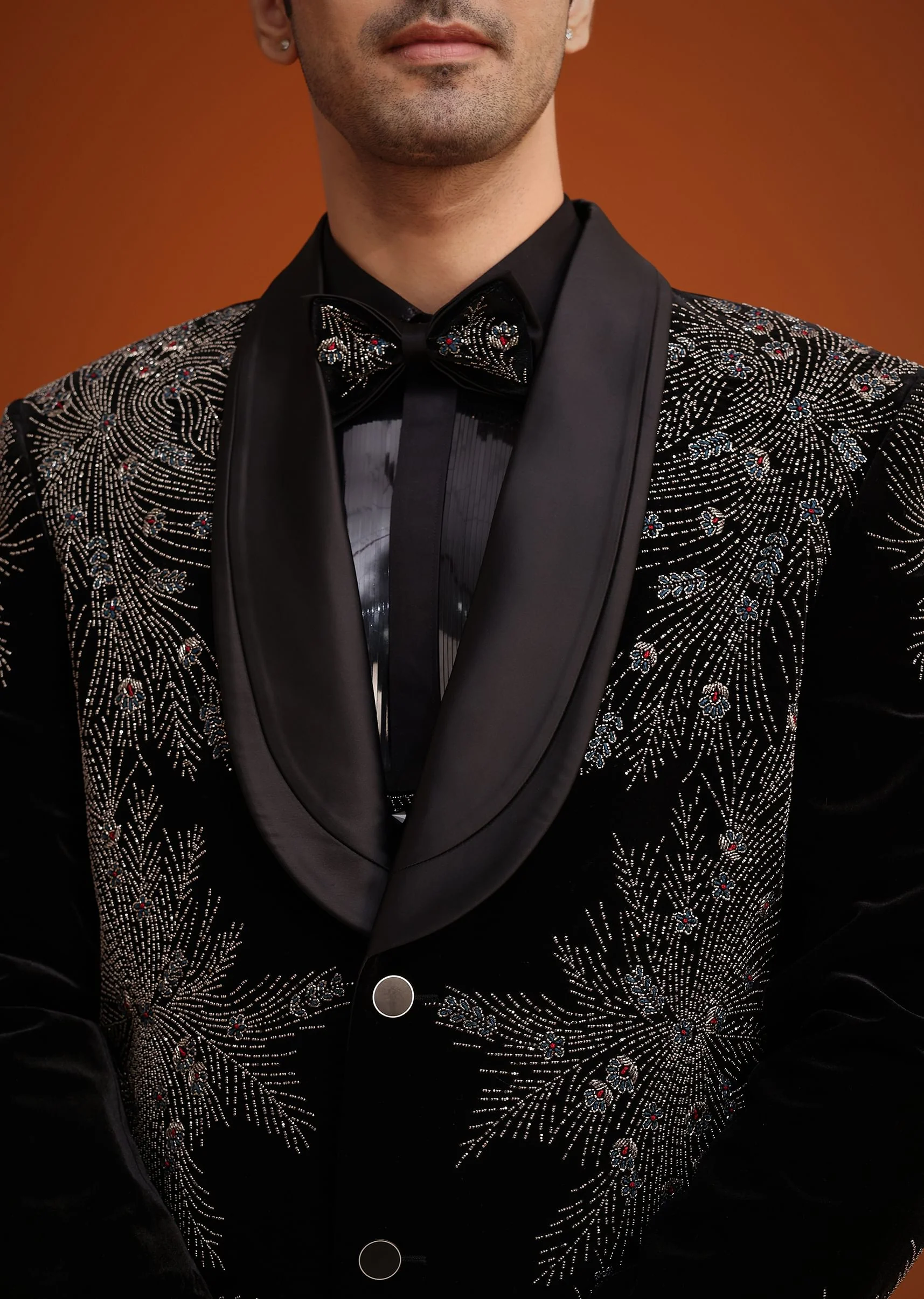 Black Micro Velvet Cutdana Embellished Tuxedo Set - Image 2