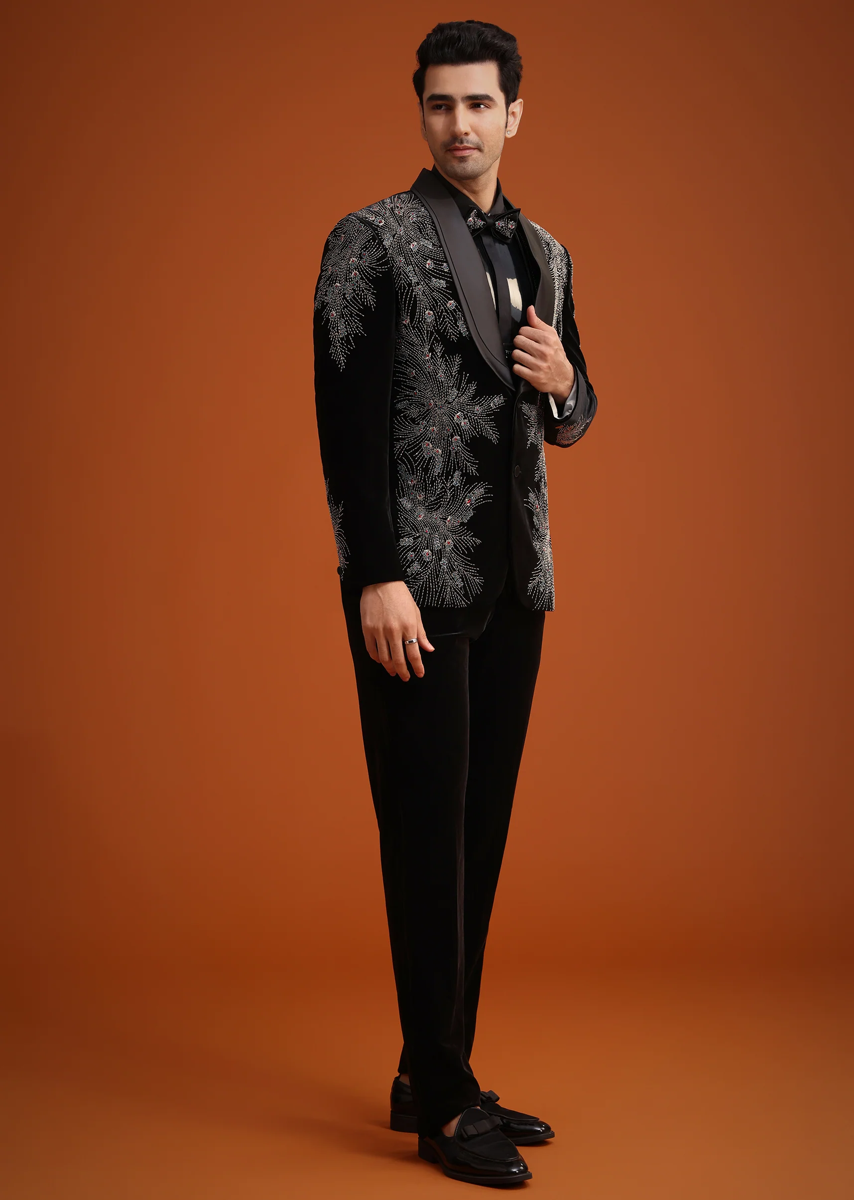 Black Micro Velvet Cutdana Embellished Tuxedo Set - Image 3