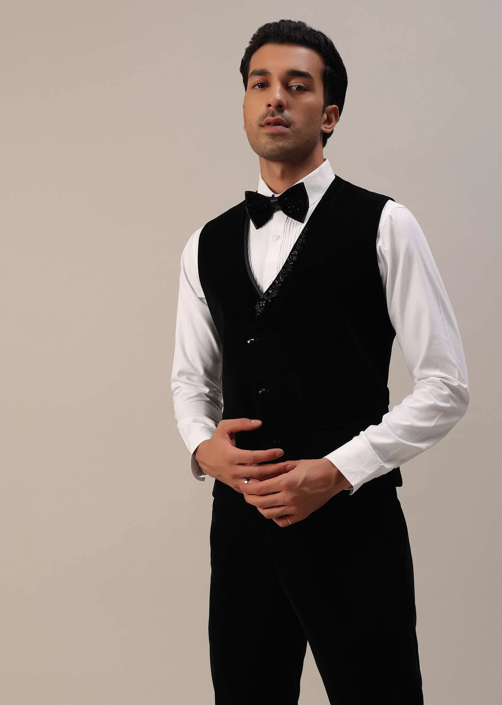 Black Micro Velvet Tuxedo Set With Cut Work Detailing - Image 6