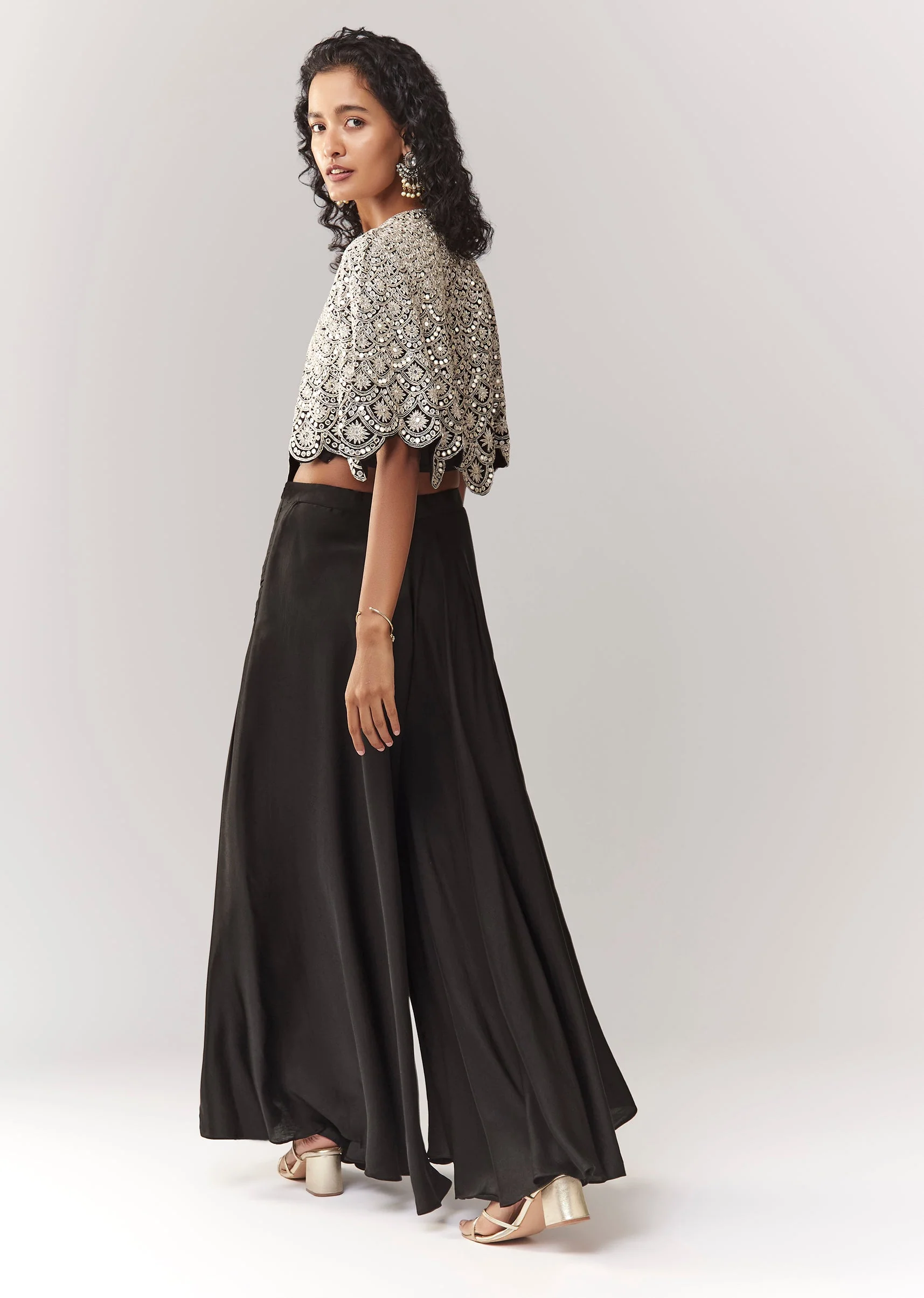 Black Mirror And Cutdana Work Cape Set With Palazzo - Image 5