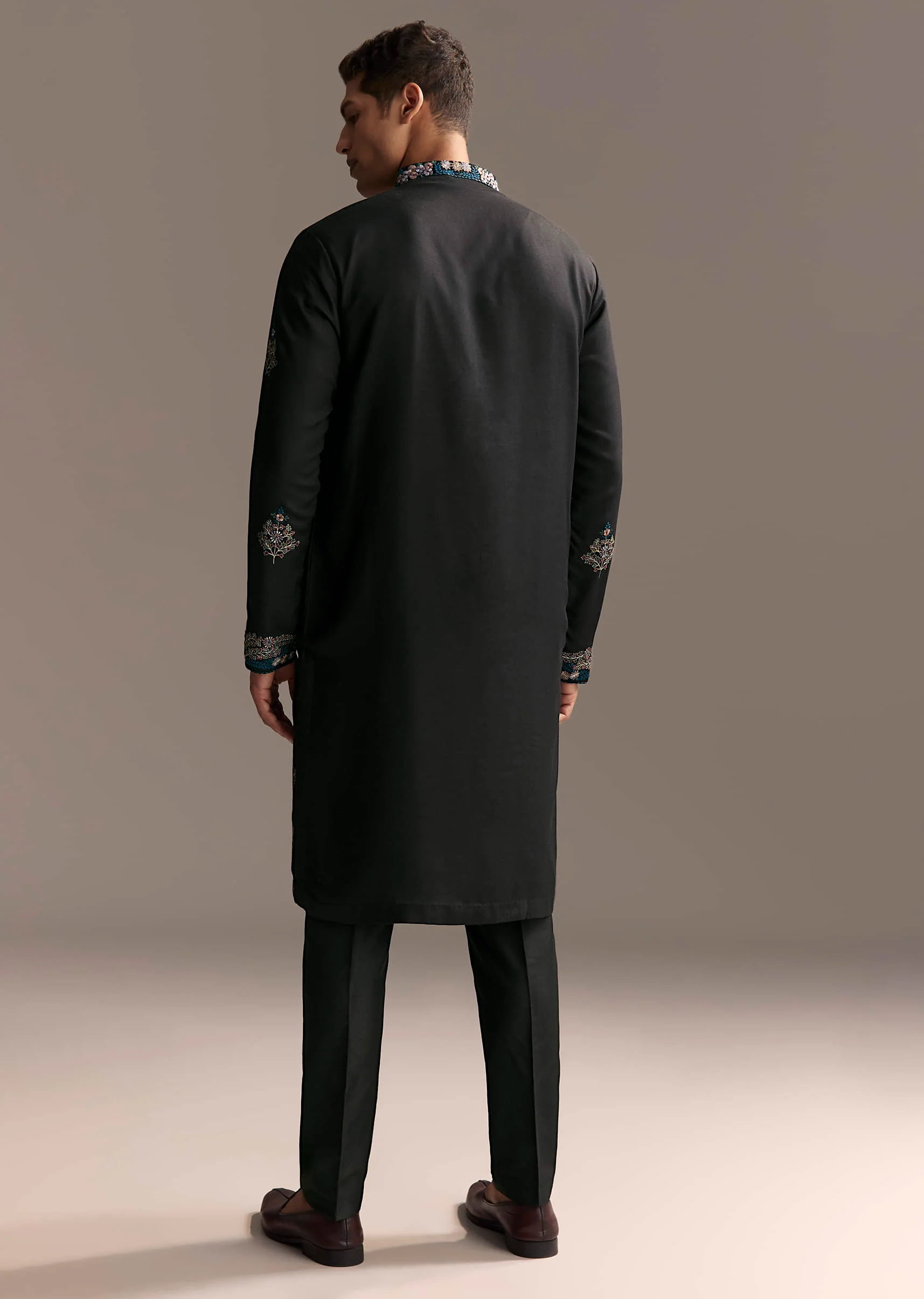 Black Modal Kurta Set For Men With Floral Resham Embroidery - Image 3