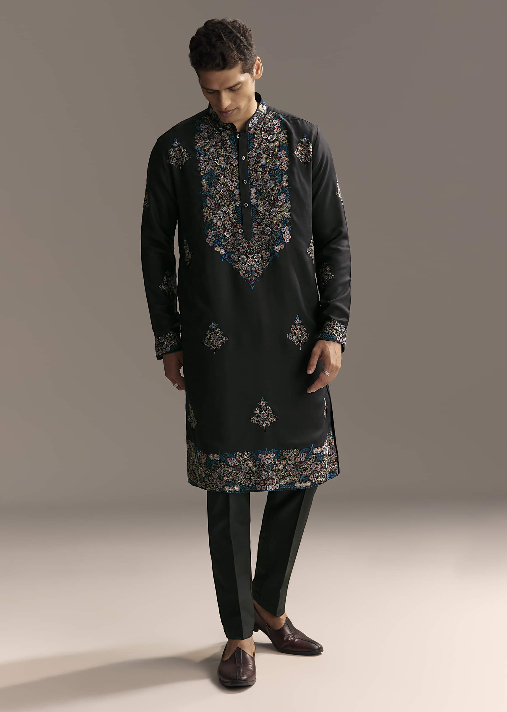 Black Modal Kurta Set For Men With Floral Resham Embroidery - Image 4