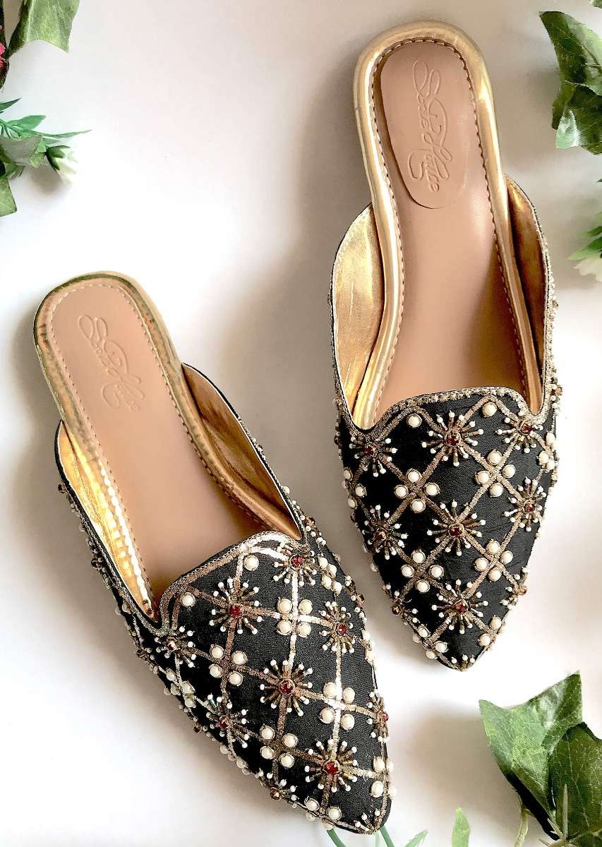 Black Mules With Maroon Swarovski And Zari Detailing By Sole House - Image 3