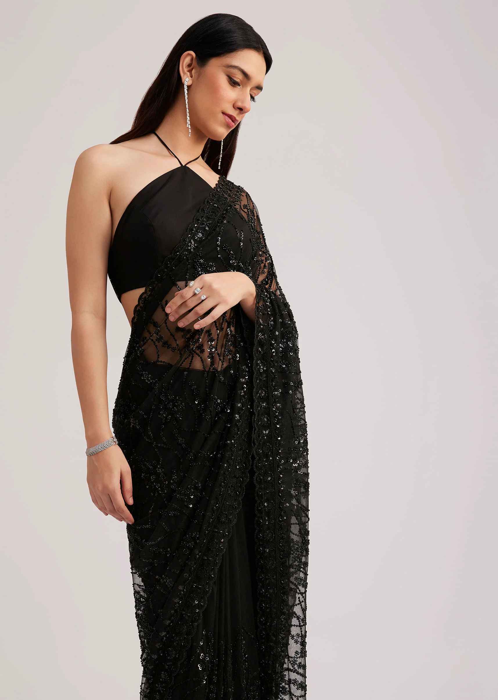 Black Net Saree Heavy Embroidered With Sequins And Stones - Image 2