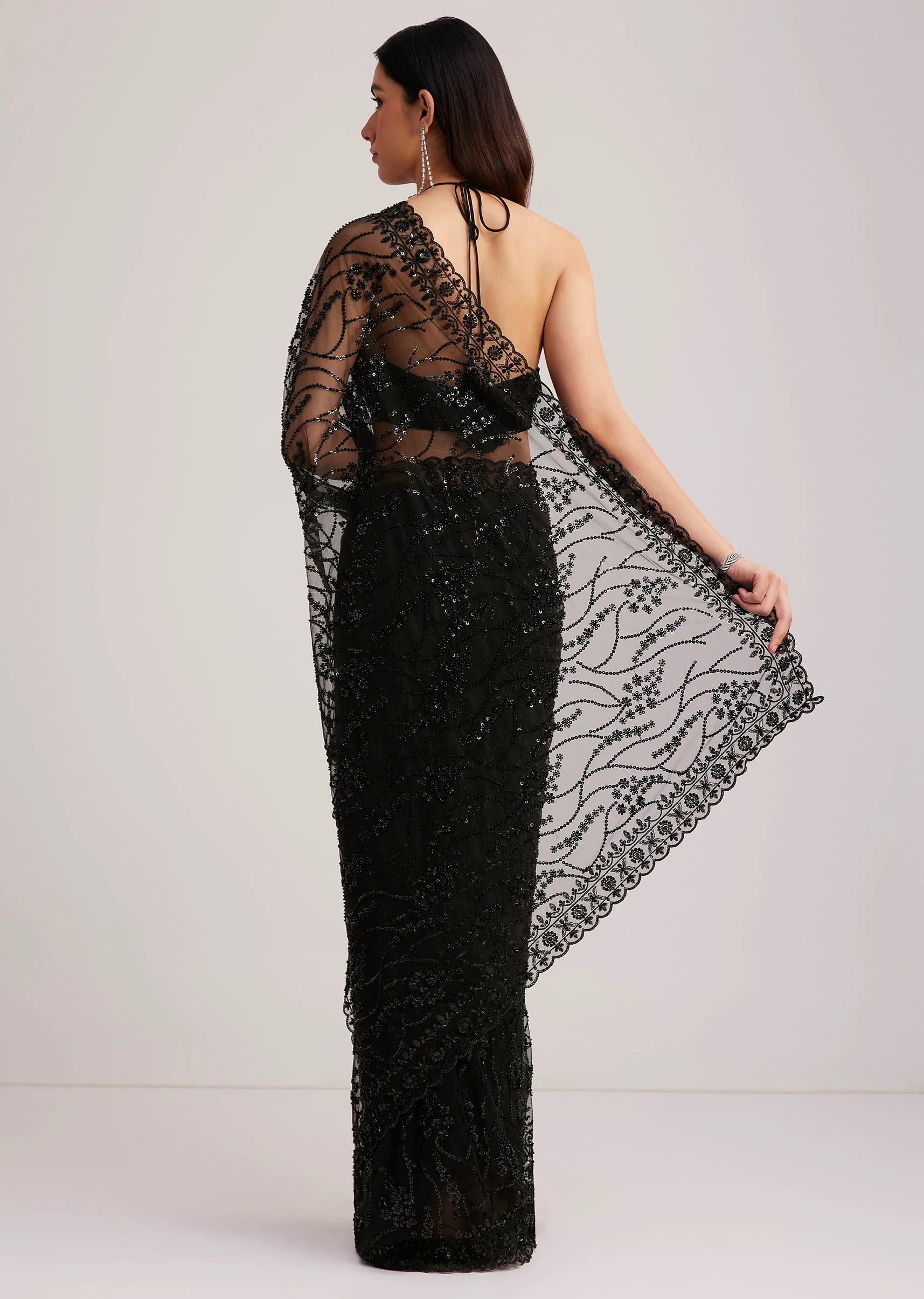 Black Net Saree Heavy Embroidered With Sequins And Stones - Image 6