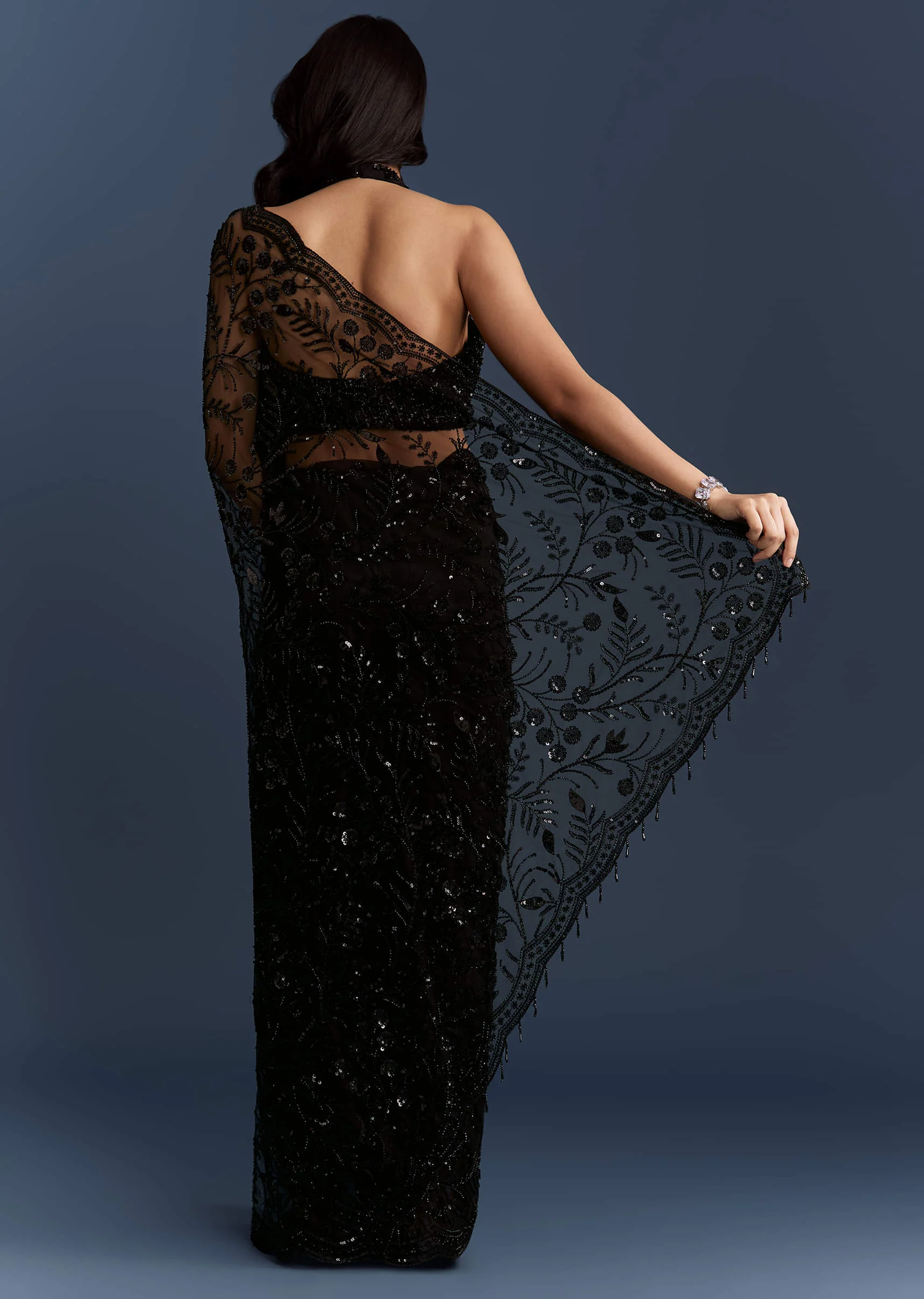 Black Net Saree With Intricate Floral Sequins Embroidery - Image 4