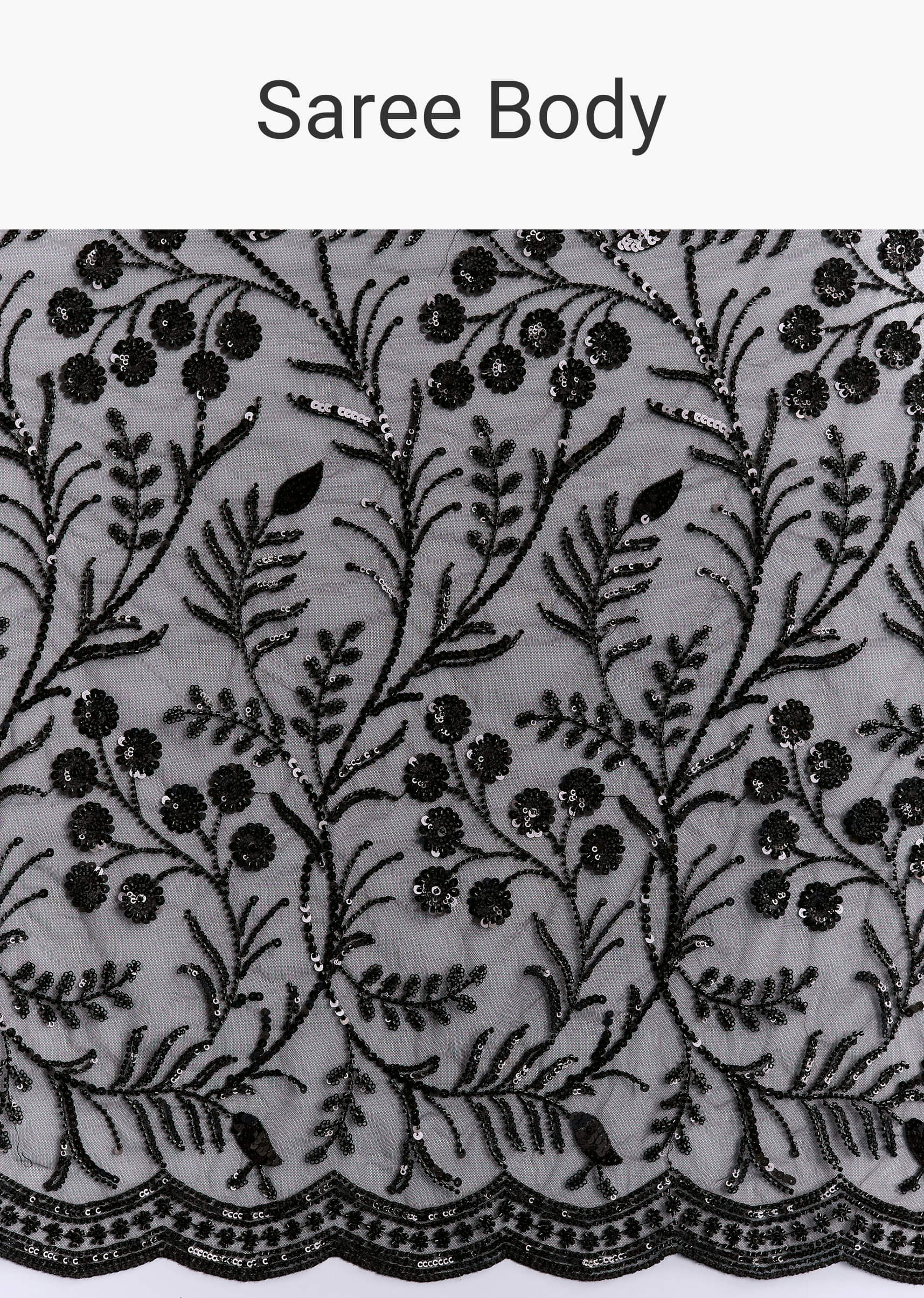 Black Net Saree With Intricate Floral Sequins Embroidery - Image 9