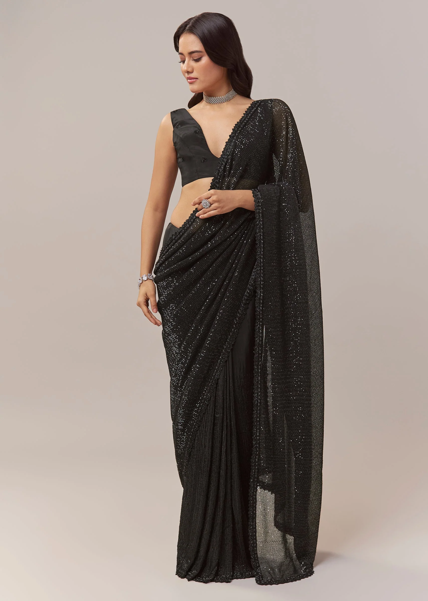 Black Net Saree With Linear Sequins And Hand Embroidered Border - Image 3