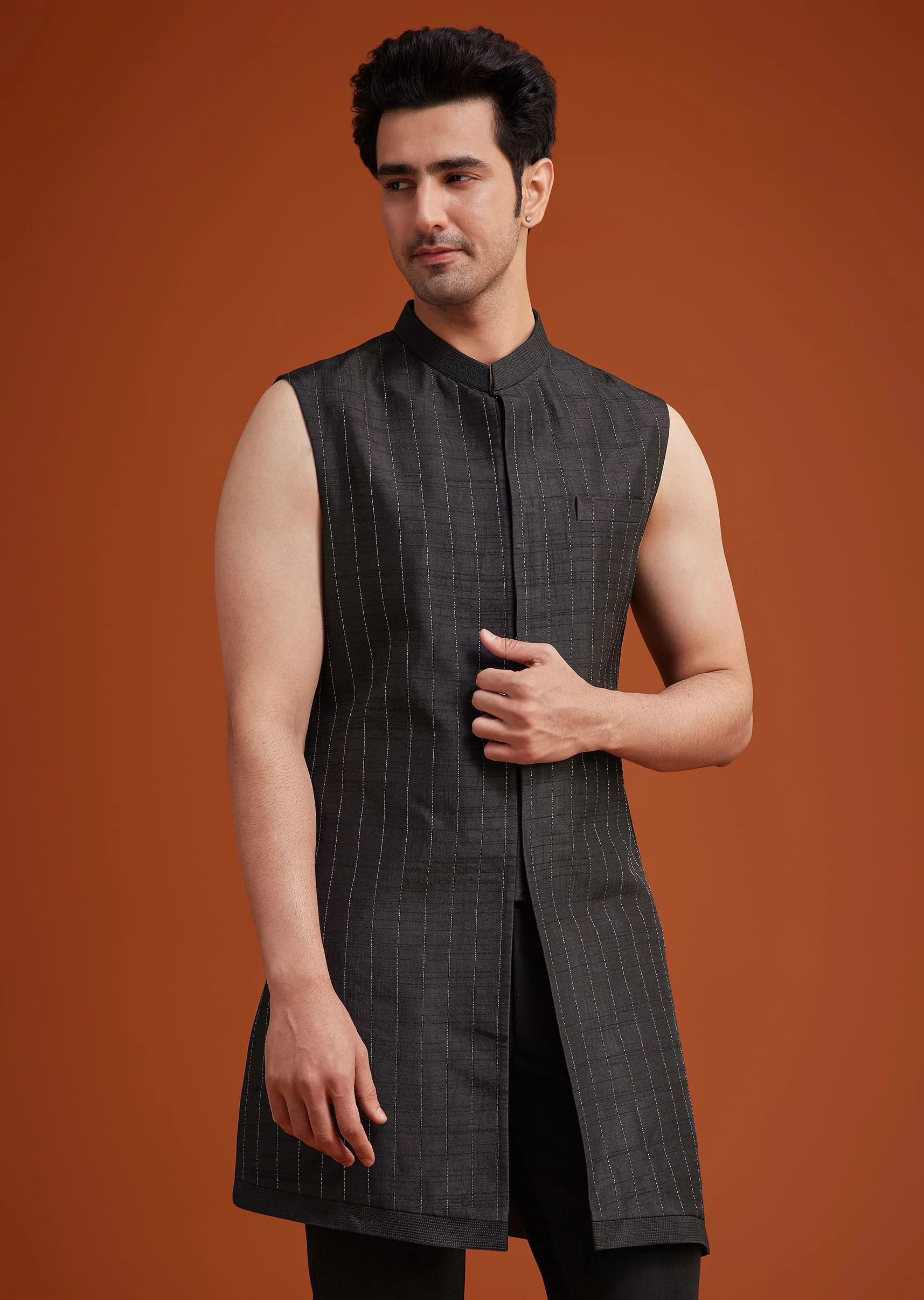 Black Open Indo Jacket Set With Silver Beadwork - Image 6