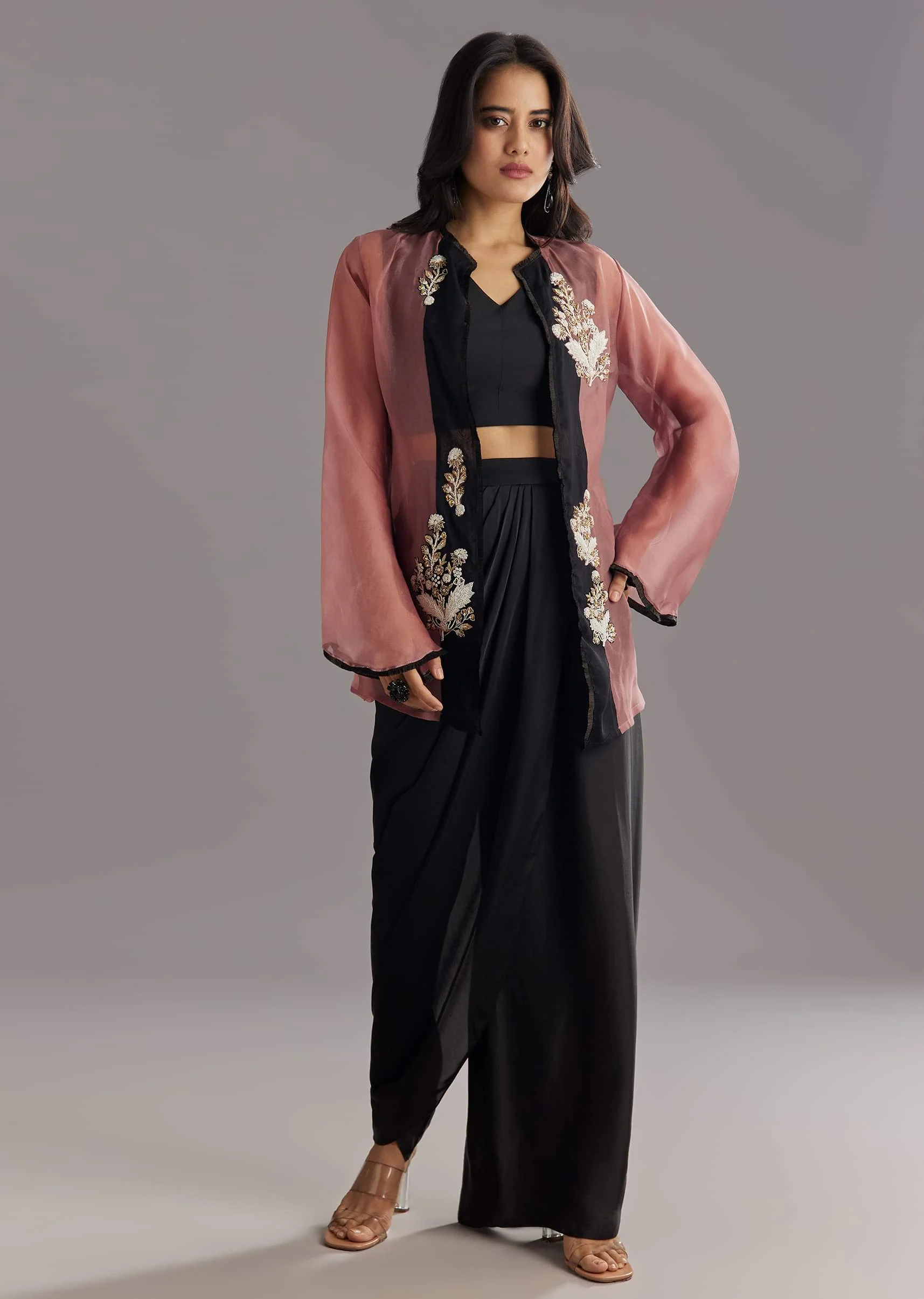 Black Organza Jacket and Satin Dhoti Palazzo Set With Zardosi Embroidery - Image 3