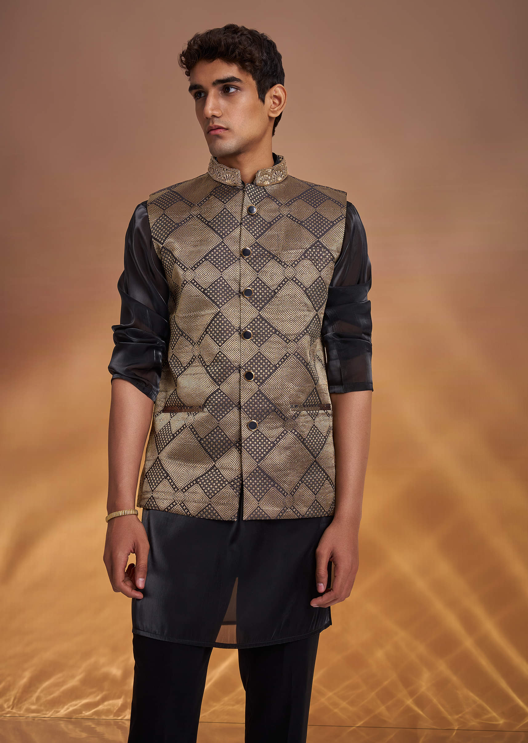 Black Organza Kurta Jacket Set With Self Embroidery - Image 3