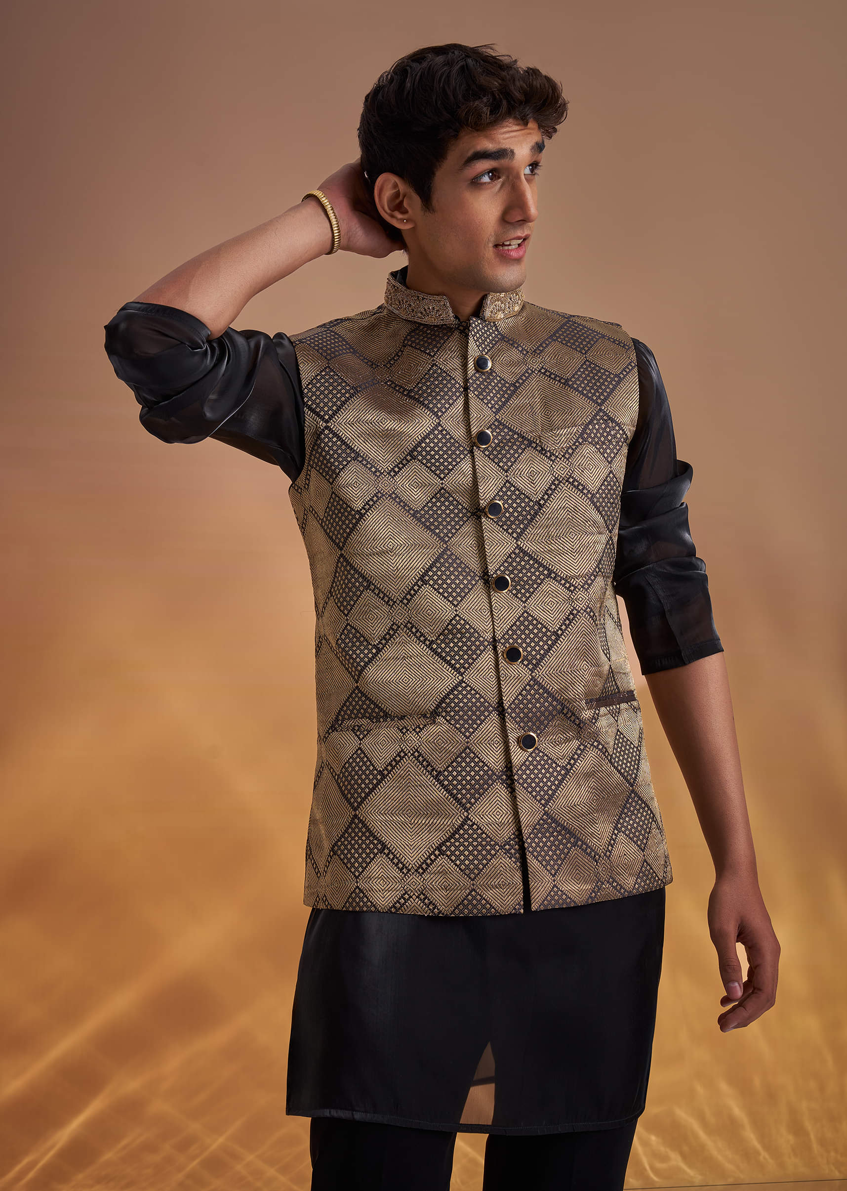 Black Organza Kurta Jacket Set With Self Embroidery - Image 4