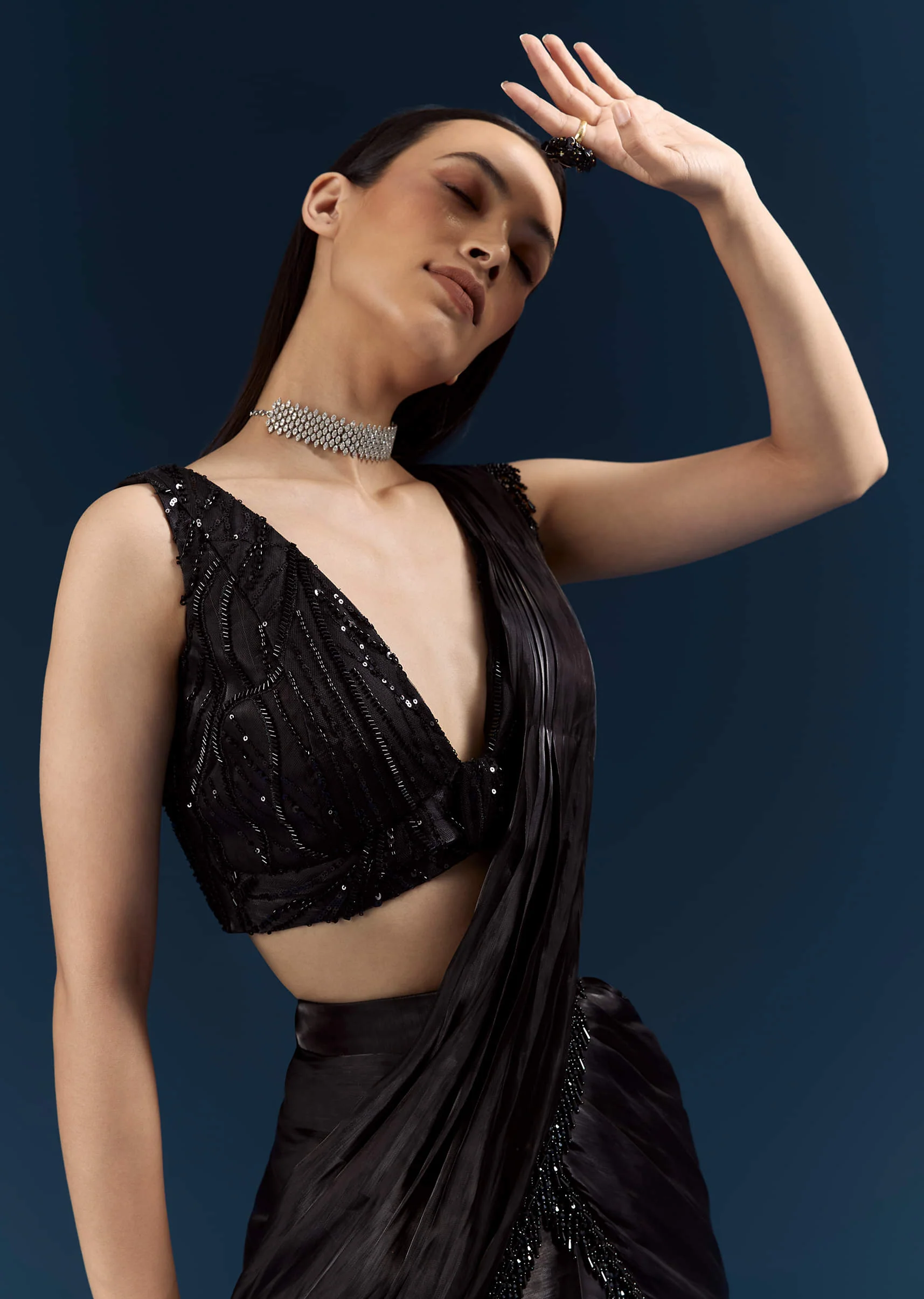 Black Organza Ready Pleated Saree With Heavy Embroidery - Image 2