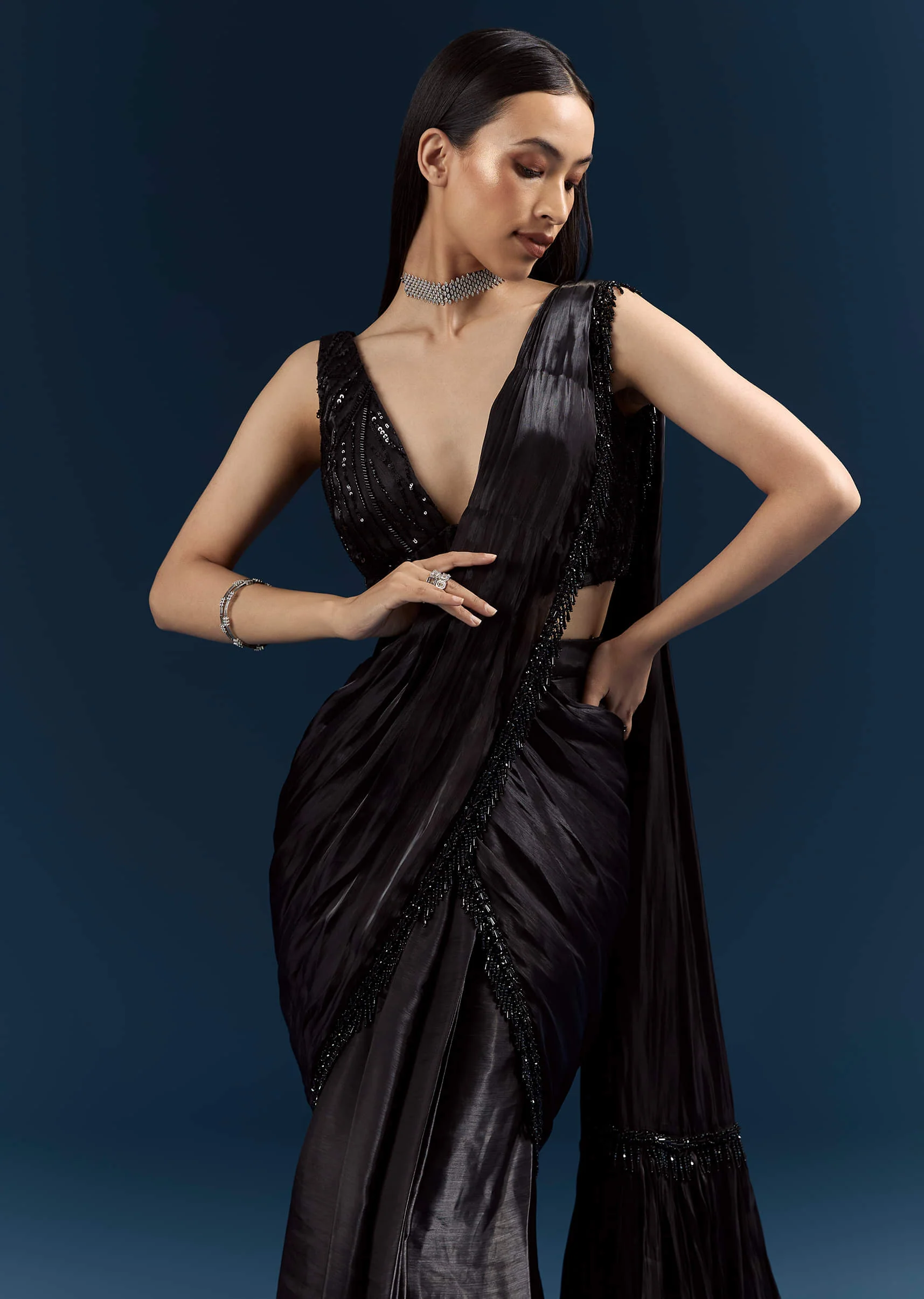 Black Organza Ready Pleated Saree With Heavy Embroidery - Image 3