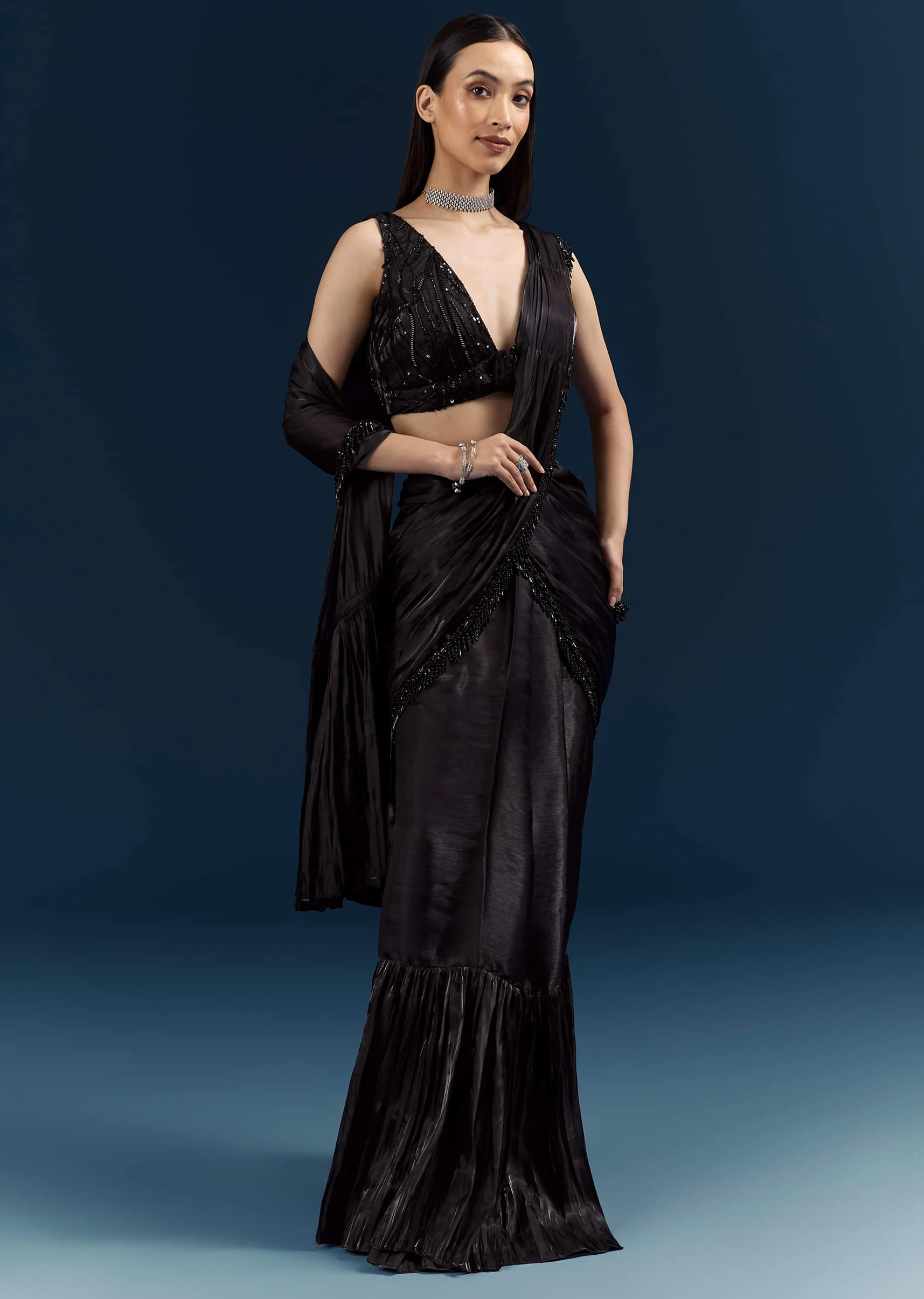 Black Organza Ready Pleated Saree With Heavy Embroidery - Image 4
