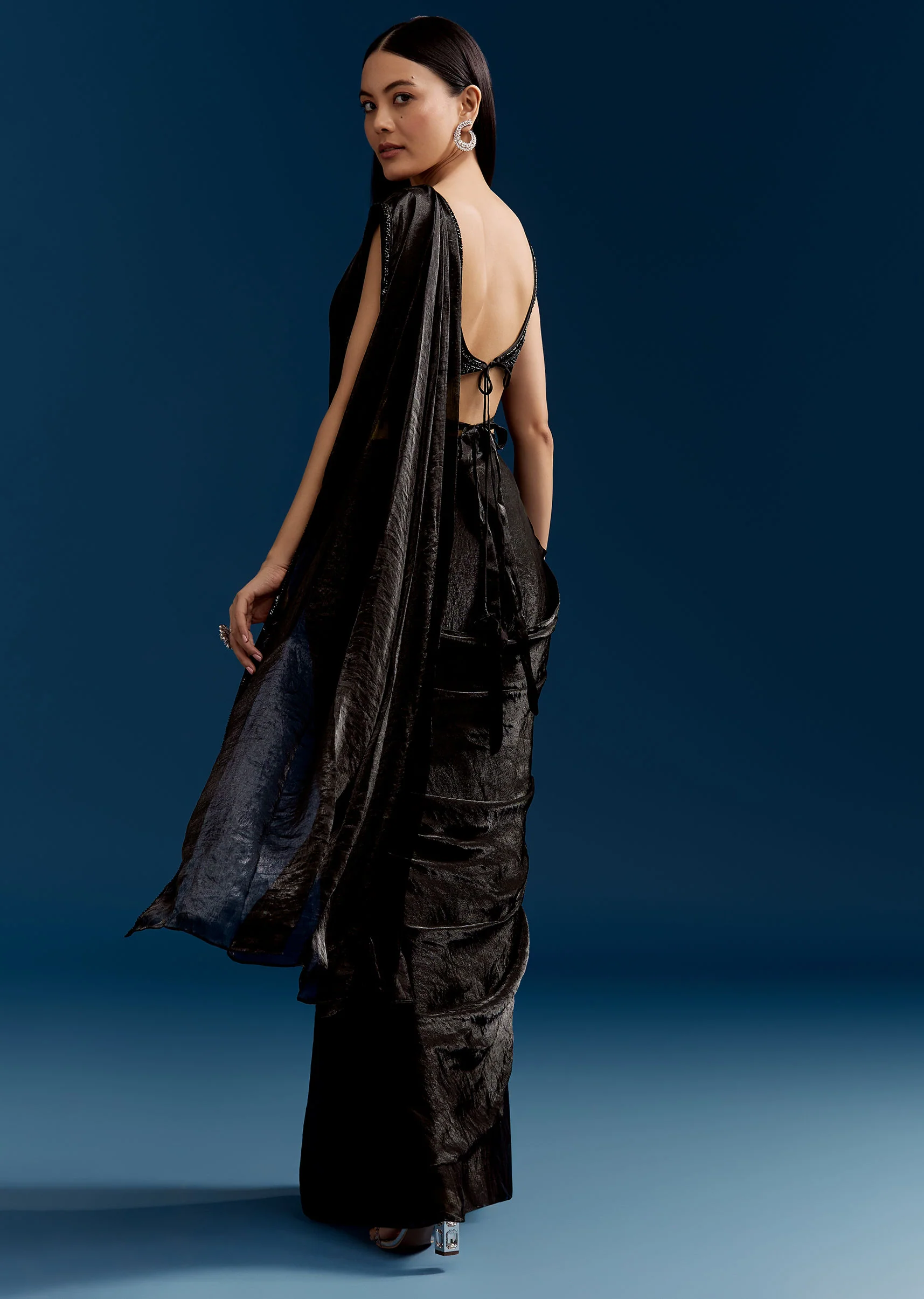 Black Organza Saree With Embroidered Cut Dana Blouse - Image 5
