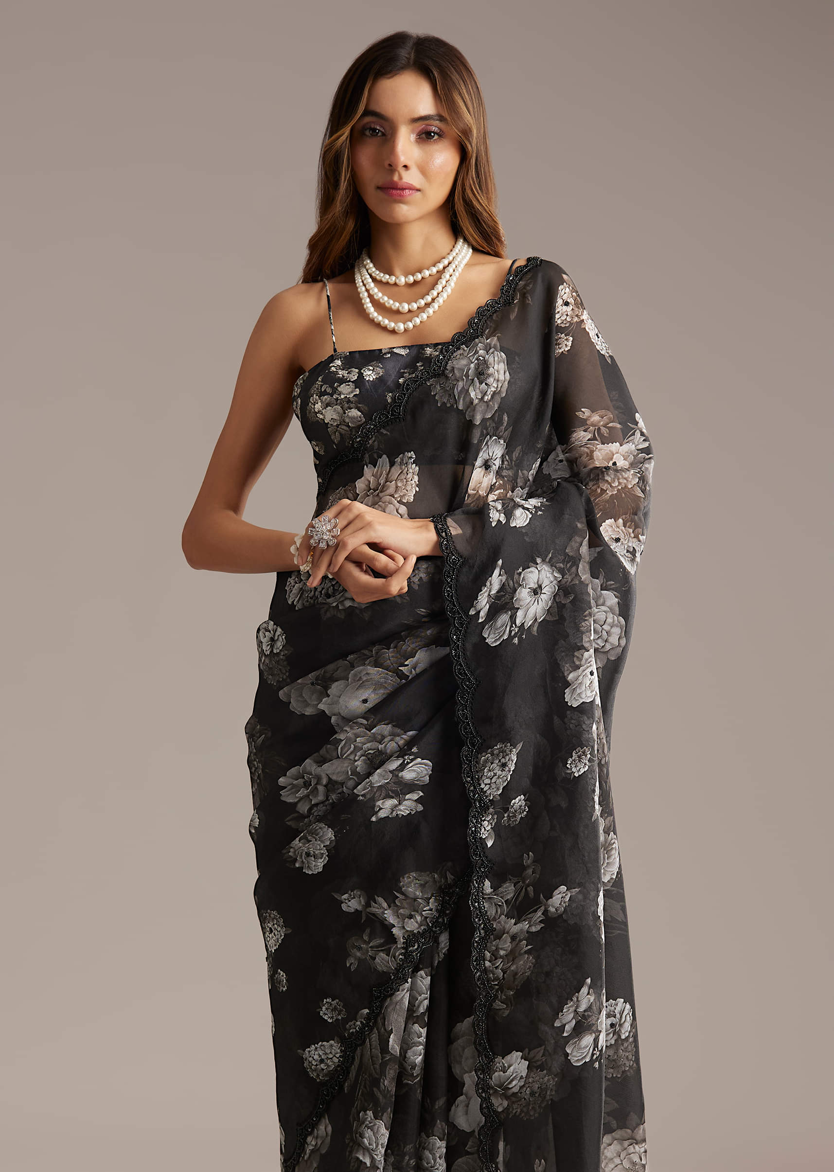 Black Organza Saree With Floral Print And Sequin Embroidery - Image 4