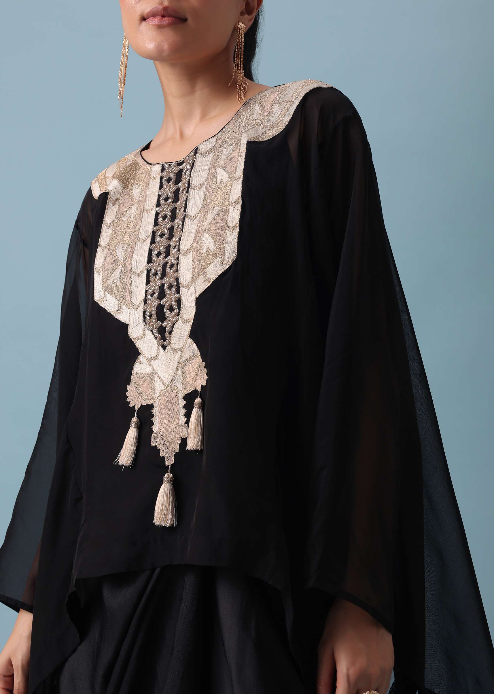 Black Organza Top And Dhoti Set with Zari Work - Image 2