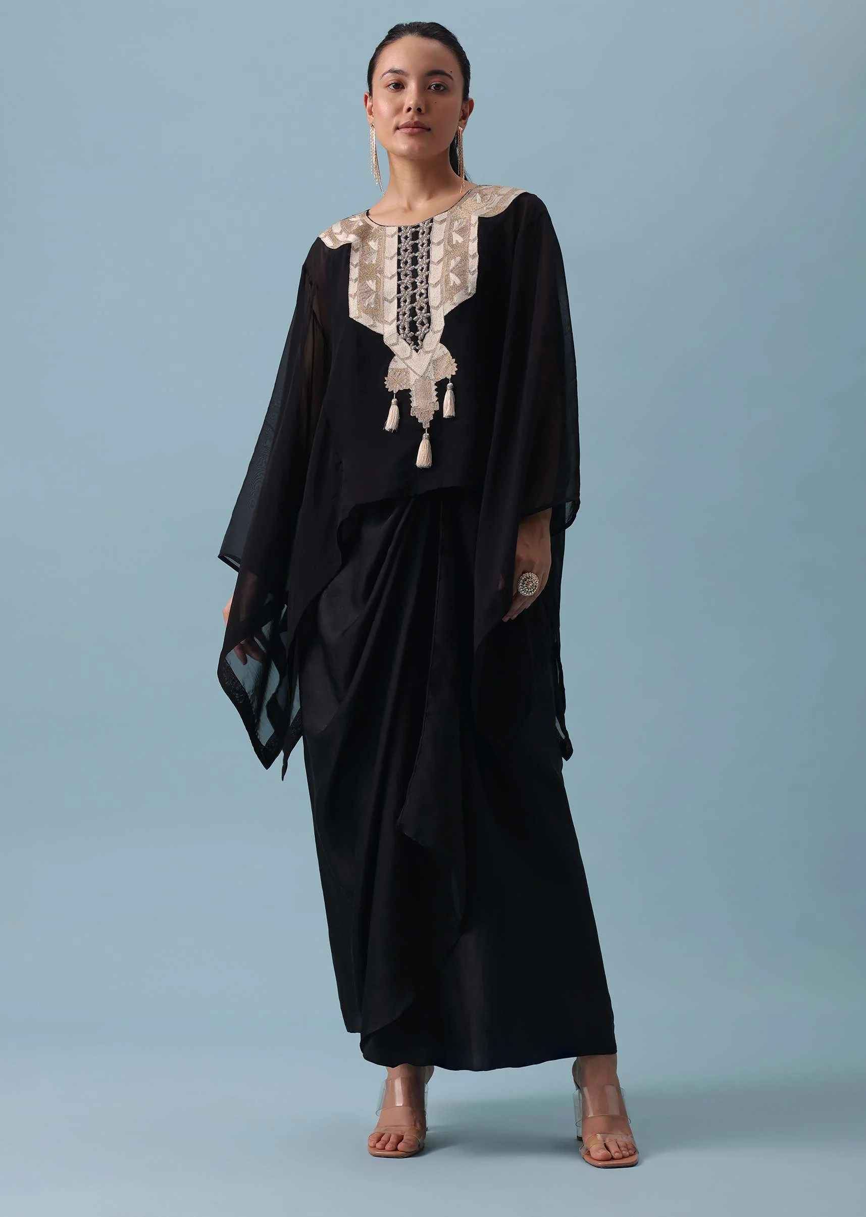 Black Organza Top And Dhoti Set with Zari Work - Image 3
