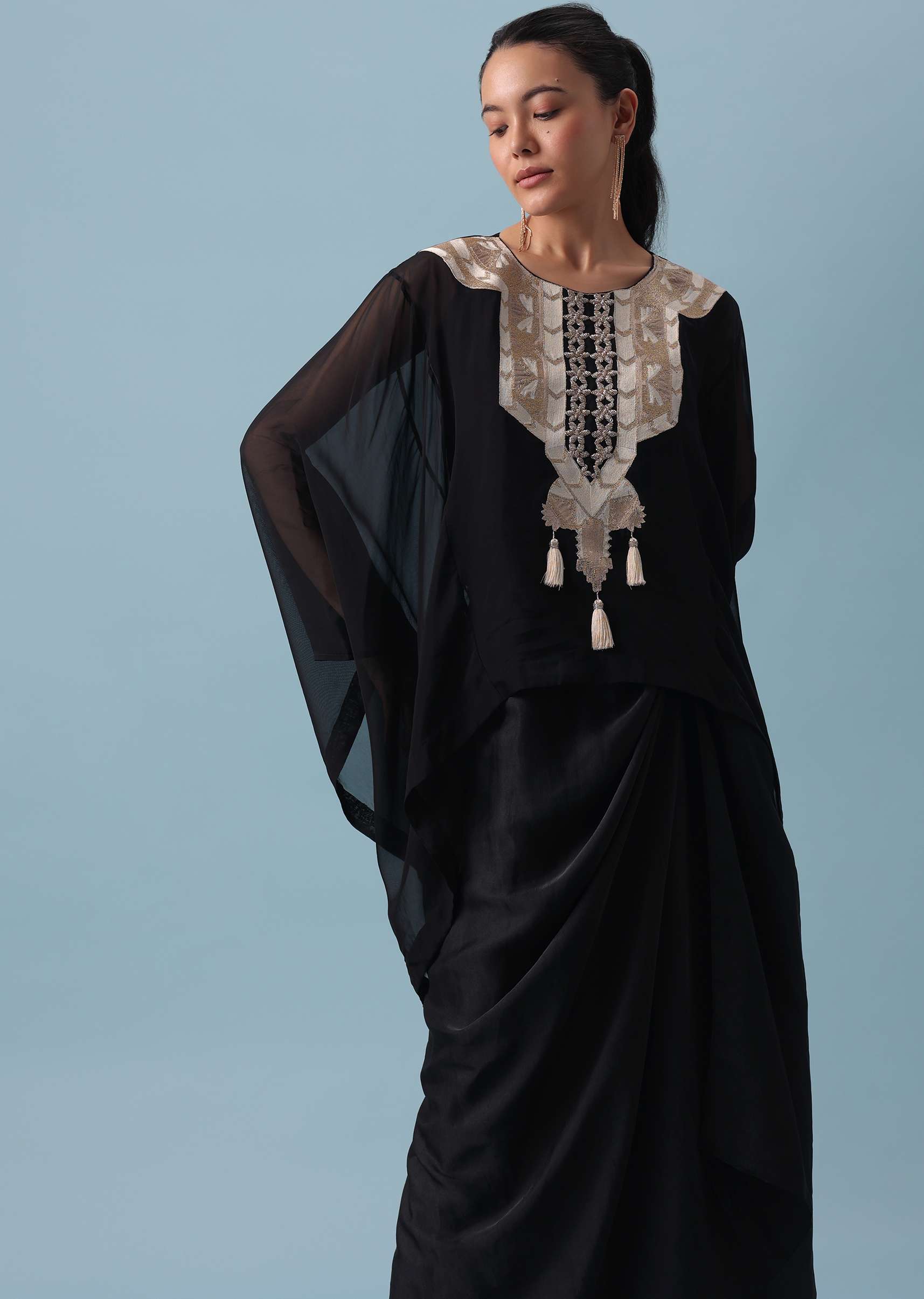 Black Organza Top And Dhoti Set with Zari Work - Image 4