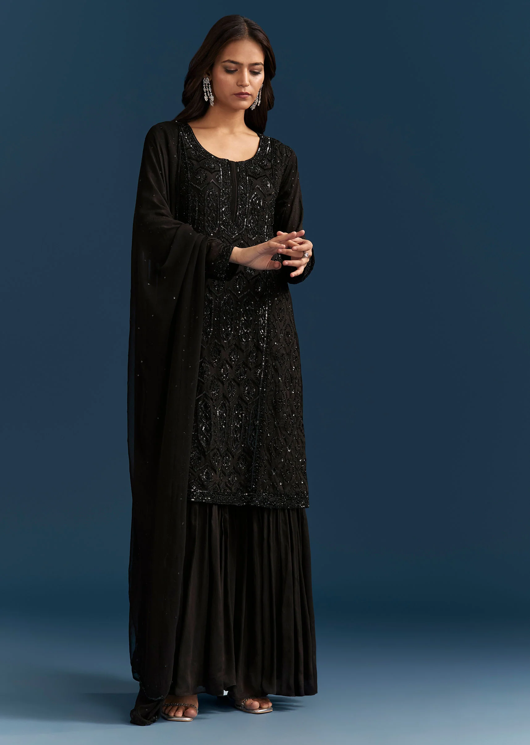 Black Pakistani Palazzo Suit With Sequins Embellished Kurta And Dupatta - Image 4