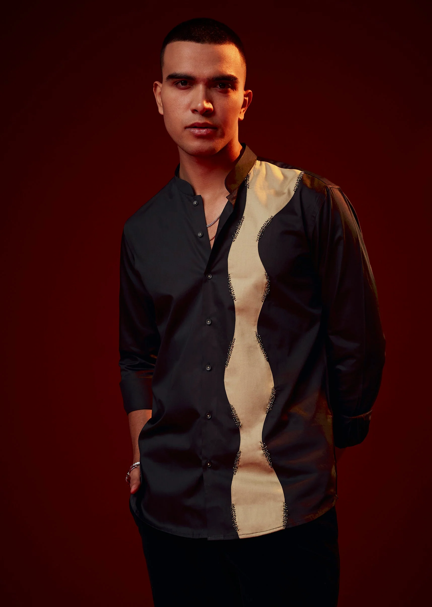 Black Patch Work Embellished Party Shirt - Image 3