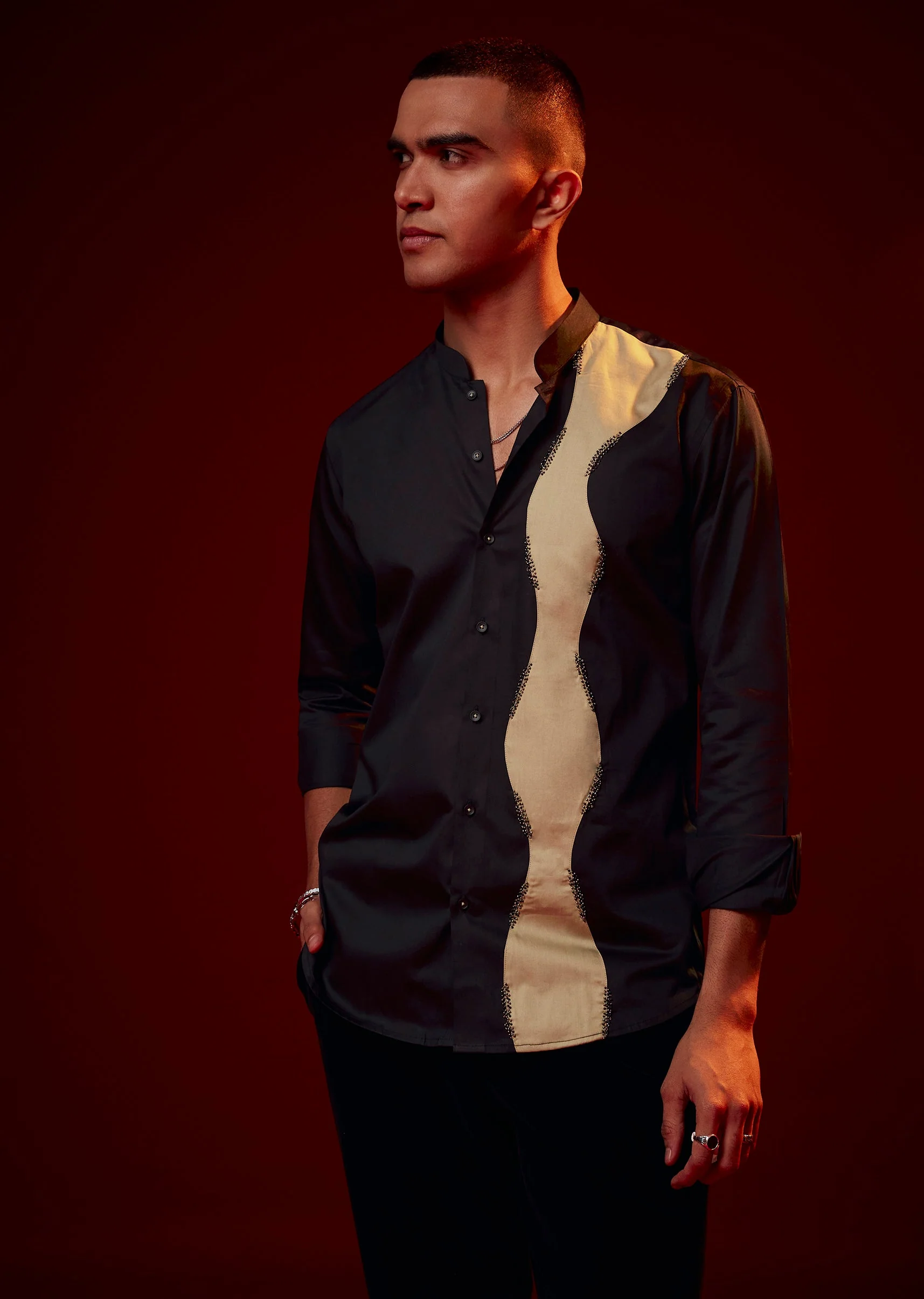 Black Patch Work Embellished Party Shirt - Image 4