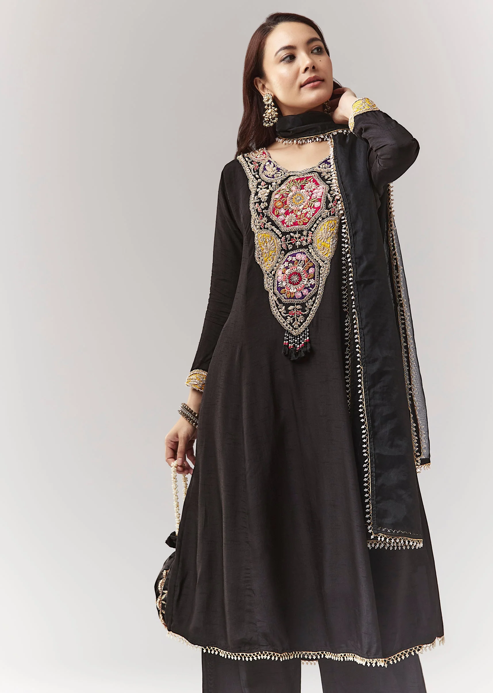 Black Patchwork Zardosi Thread Anarkali Pant Set With Dupatta - Image 4