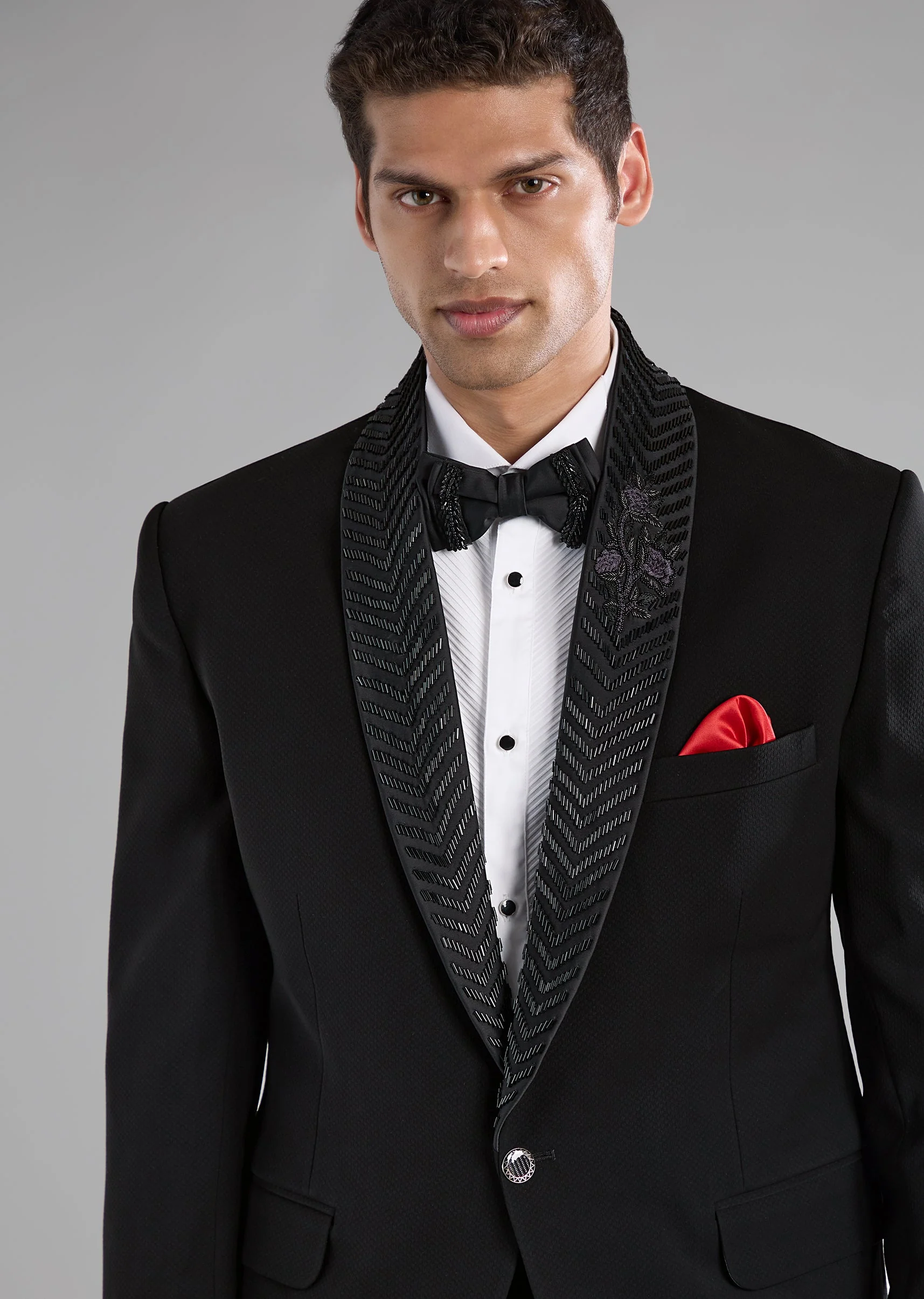 Black Polyester Tuxedo with Bead Work