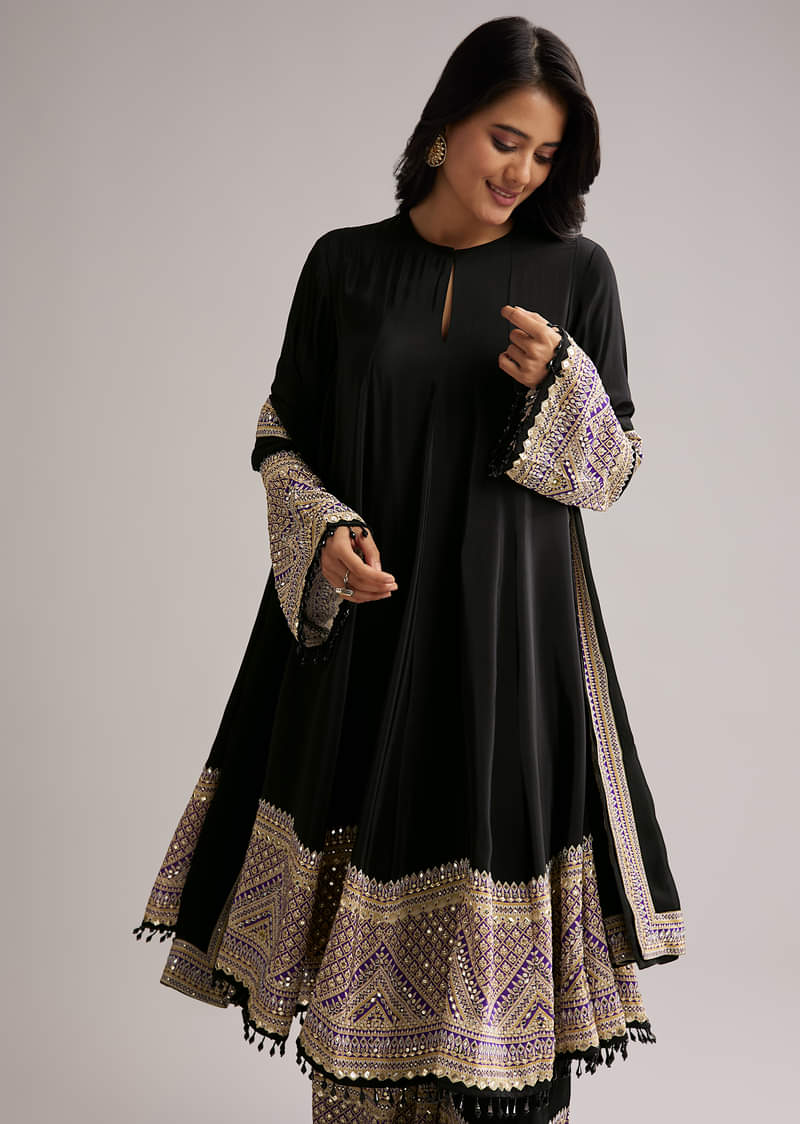 Black Printed Border Anarkali Set With Palazzo And Dupatta - Image 3