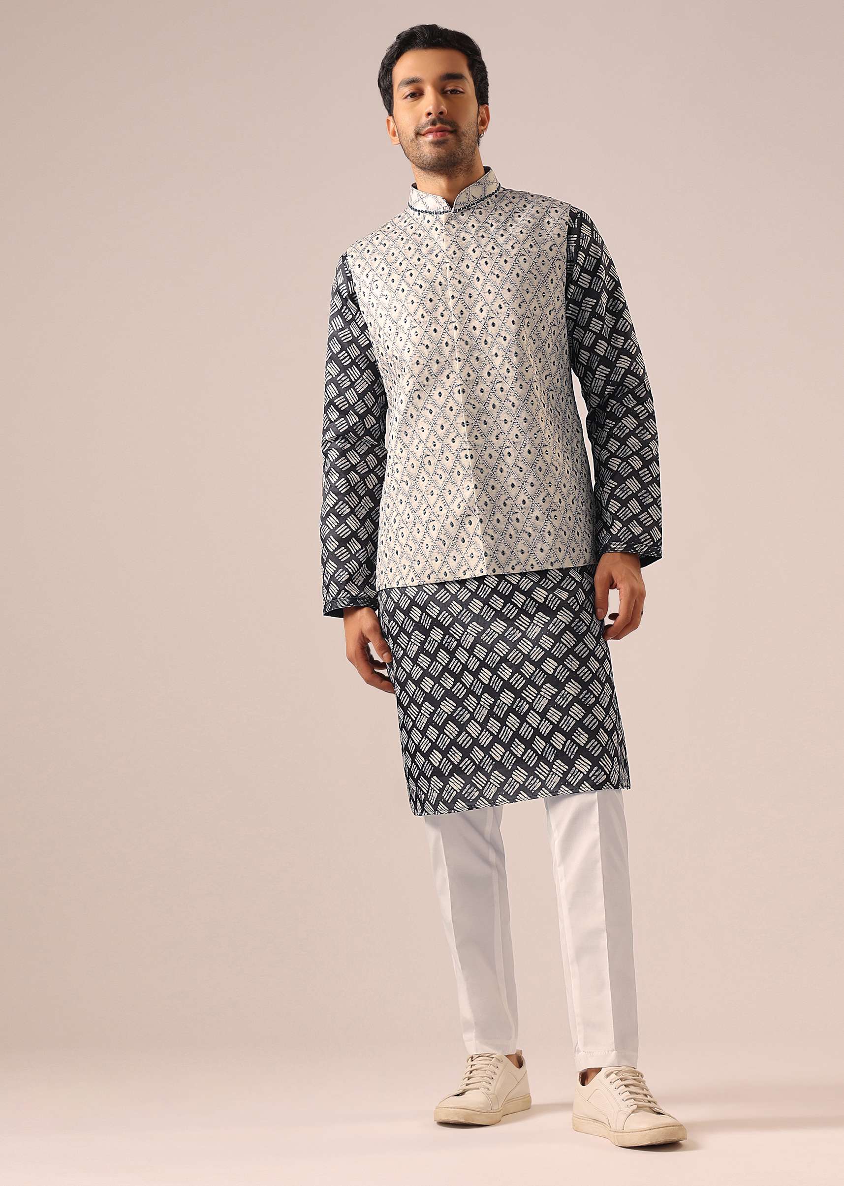 Black Printed Jacket And Kurta Set - Image 4