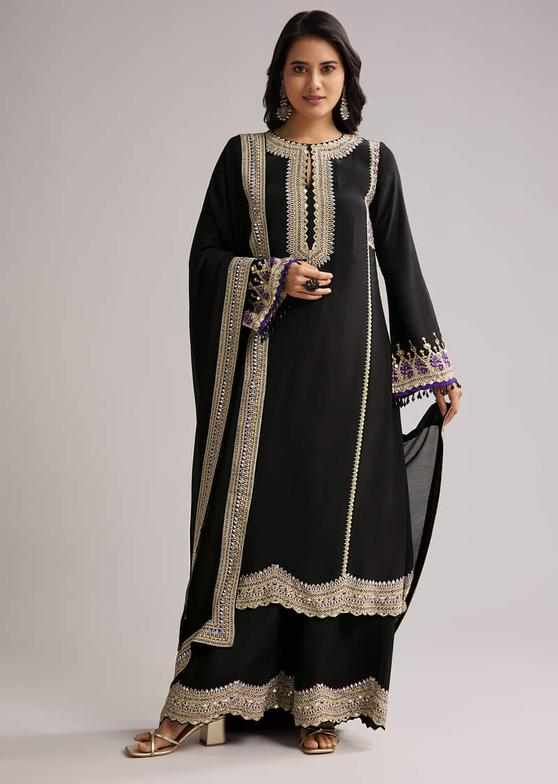 Black Printed Kurta Palazzo Set With Dupatta - Image 3