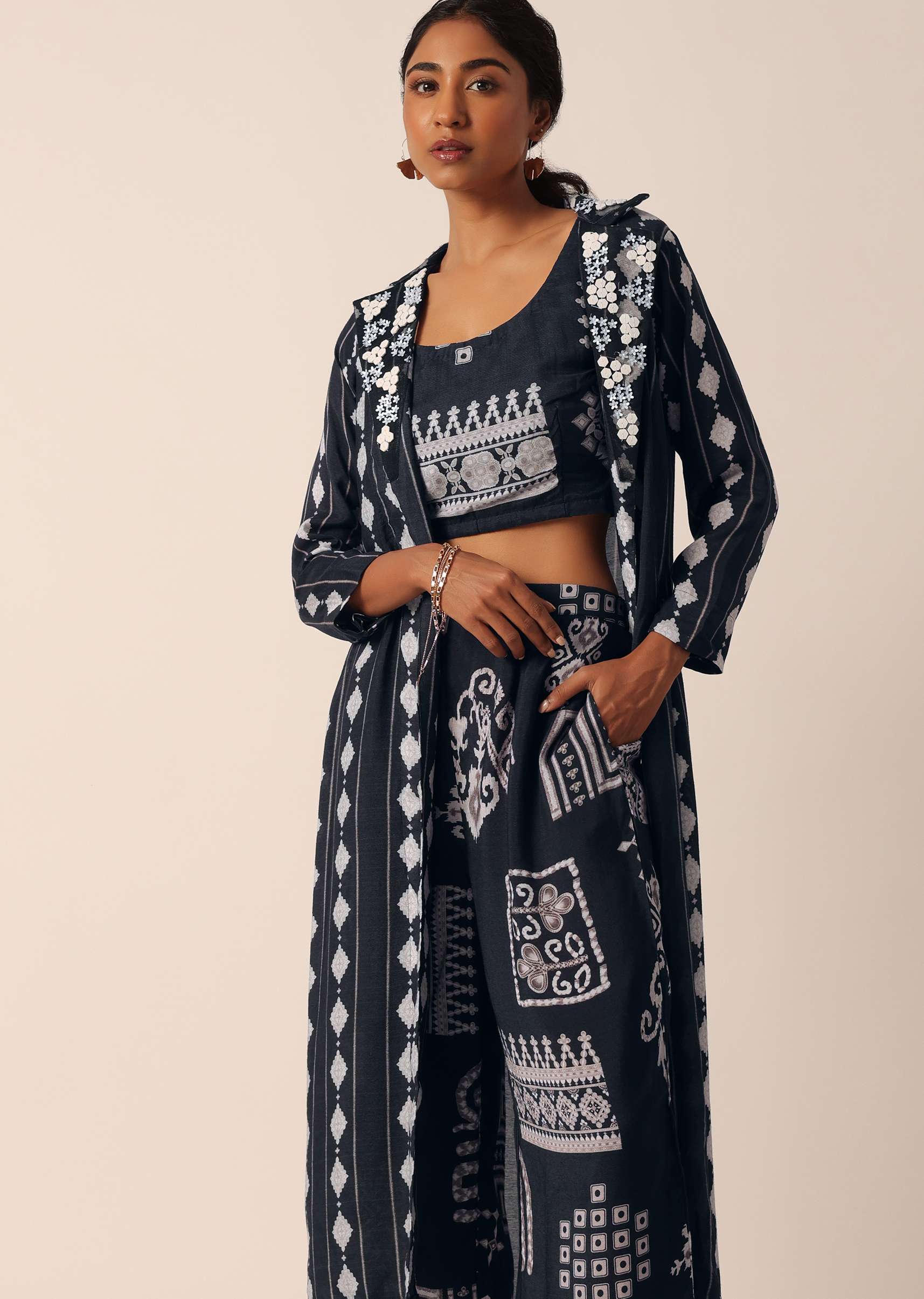 Black Printed Long Jacket And Pant Set In Cotton - Image 4