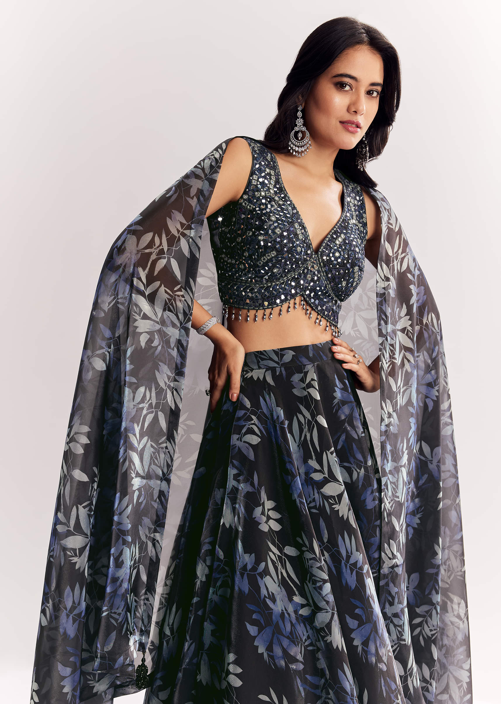Black Printed Mirror Work Lehenga Choli Set In Organza Tissue - Image 4