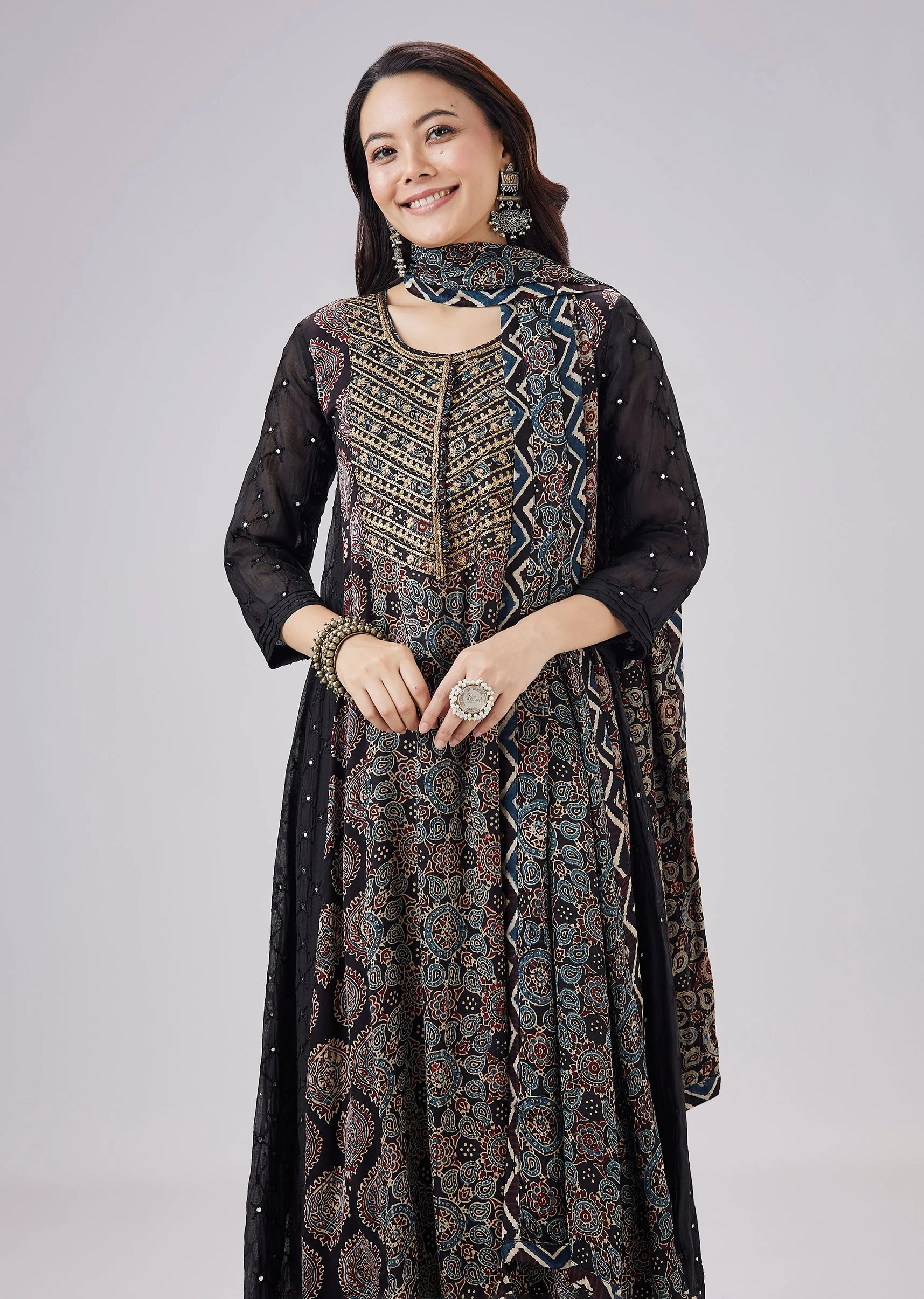 Black Pure Ajrakh Printed Modal Silk Anarkali Set With Dupatta - Image 4