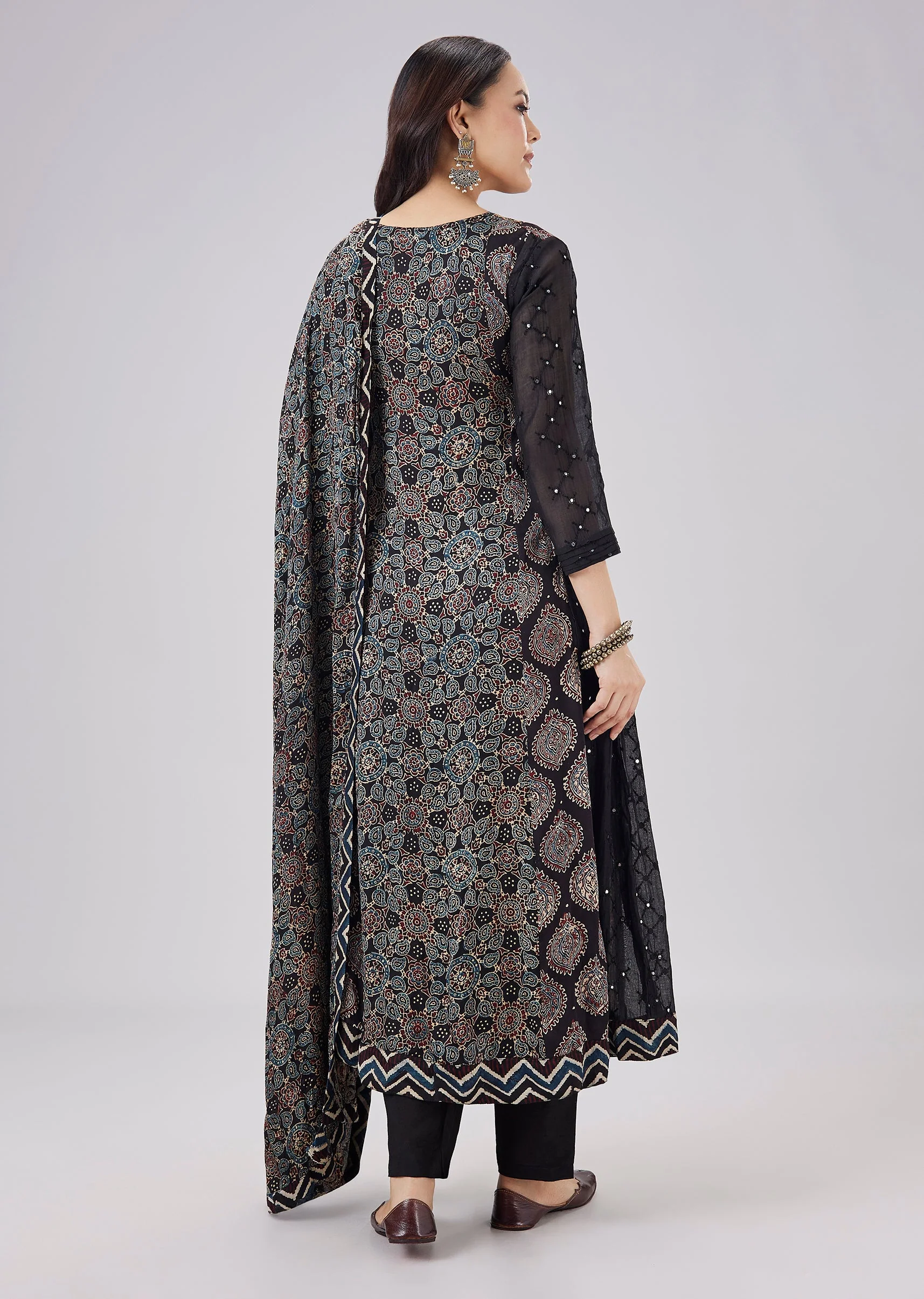 Black Pure Ajrakh Printed Modal Silk Anarkali Set With Dupatta - Image 5