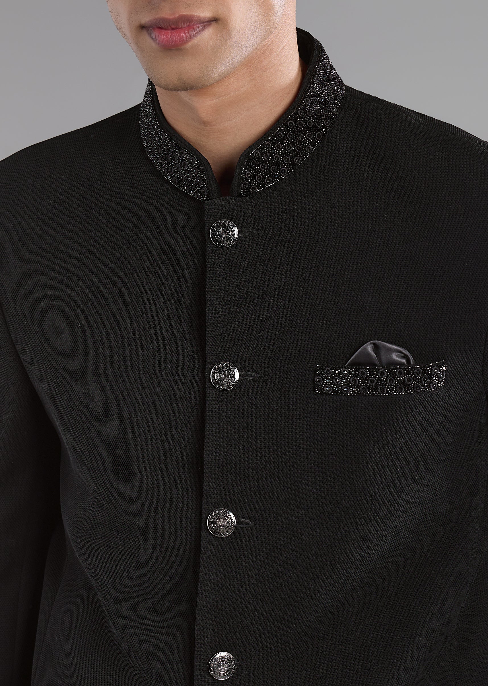 Black Rayon Jodhpuri Set with Bead Embroidery
