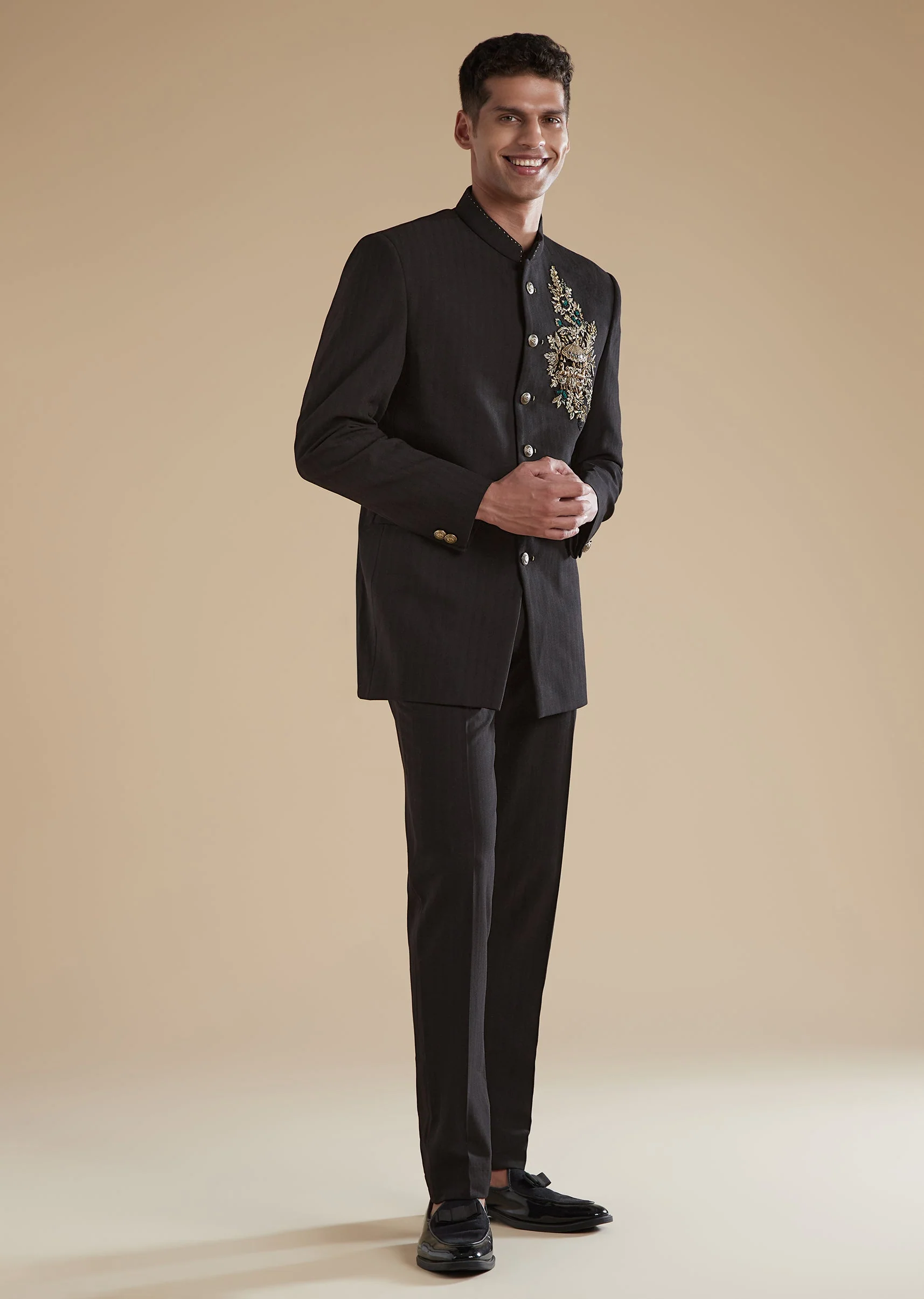 Black Rayon Jodhpuri Set With Metal Zardosi Thread Resham Work